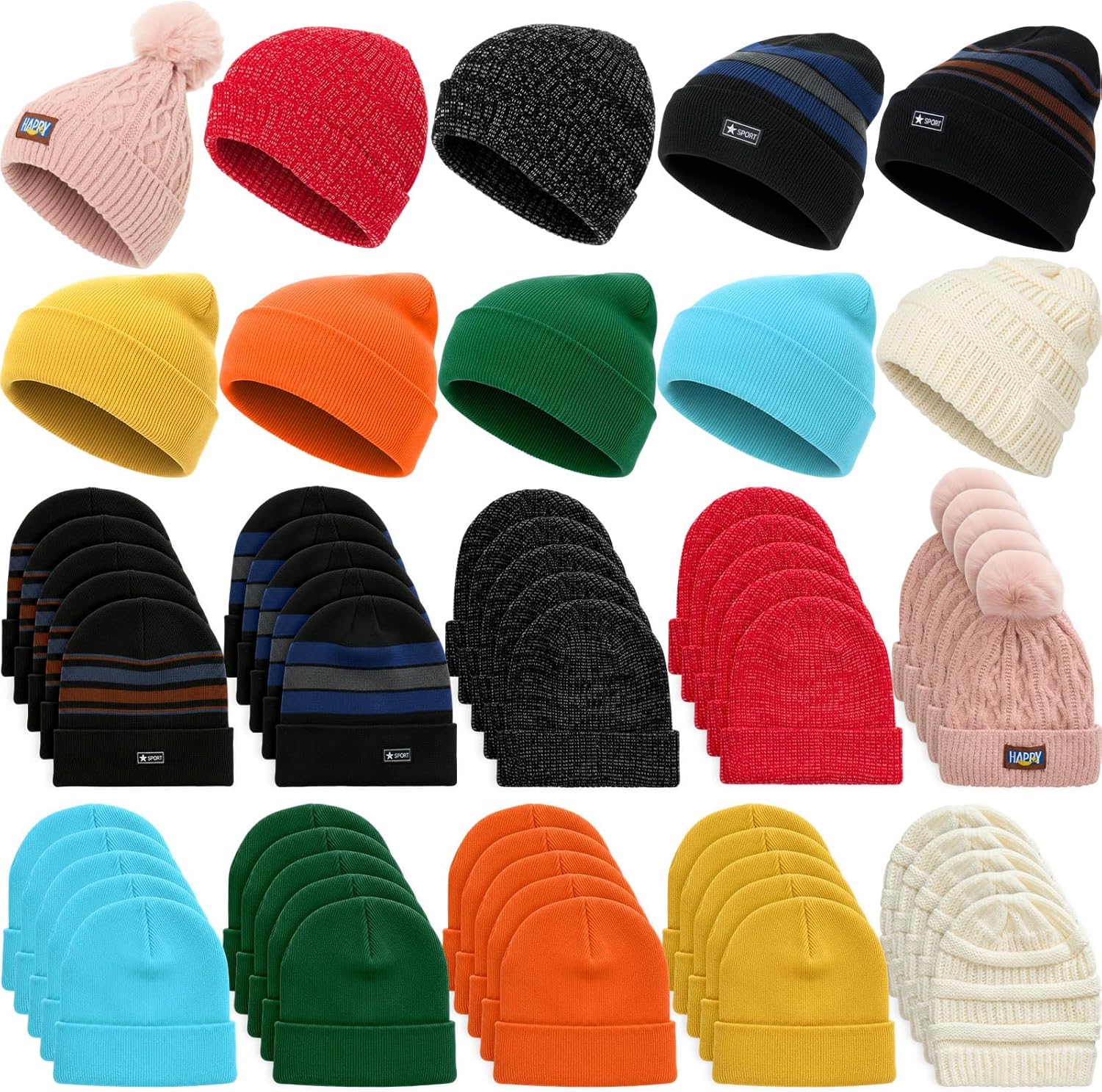 Cutecrop 50 Pack Winter Beanies Bulk Warm Thick Thermal Hat 10 Style Knit Beanies Unisex Hat Homeless Charity Donation Multicolor