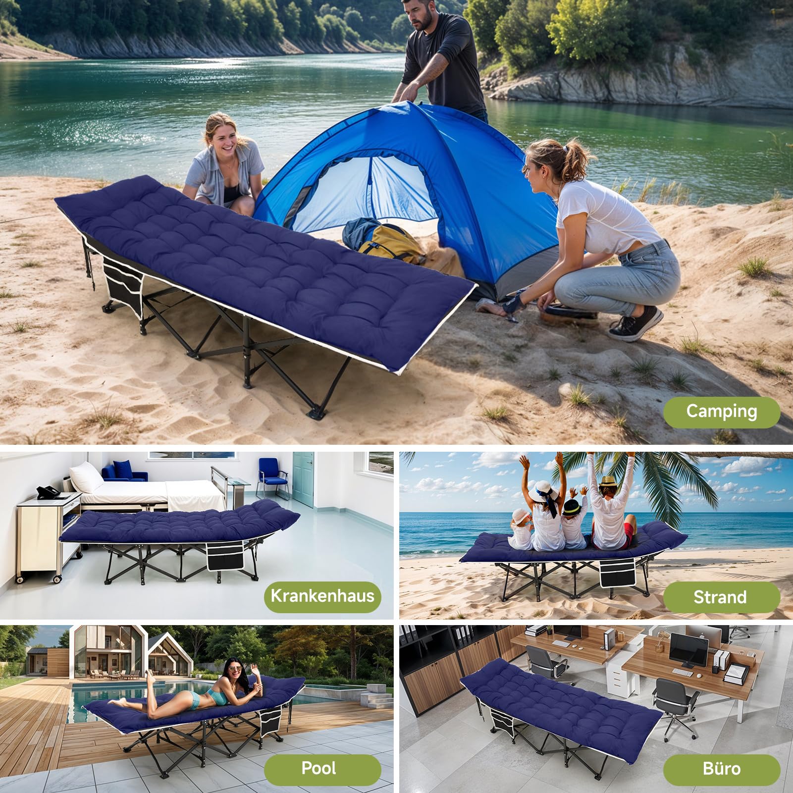 Warmiehomy Letto da campeggio con materasso, lettino da campo con cuscino per adulti, extra largo, pieghevole, XXL, pieghevole, con tasca laterale, portatile, pieghevole, per esterni, colore: blu