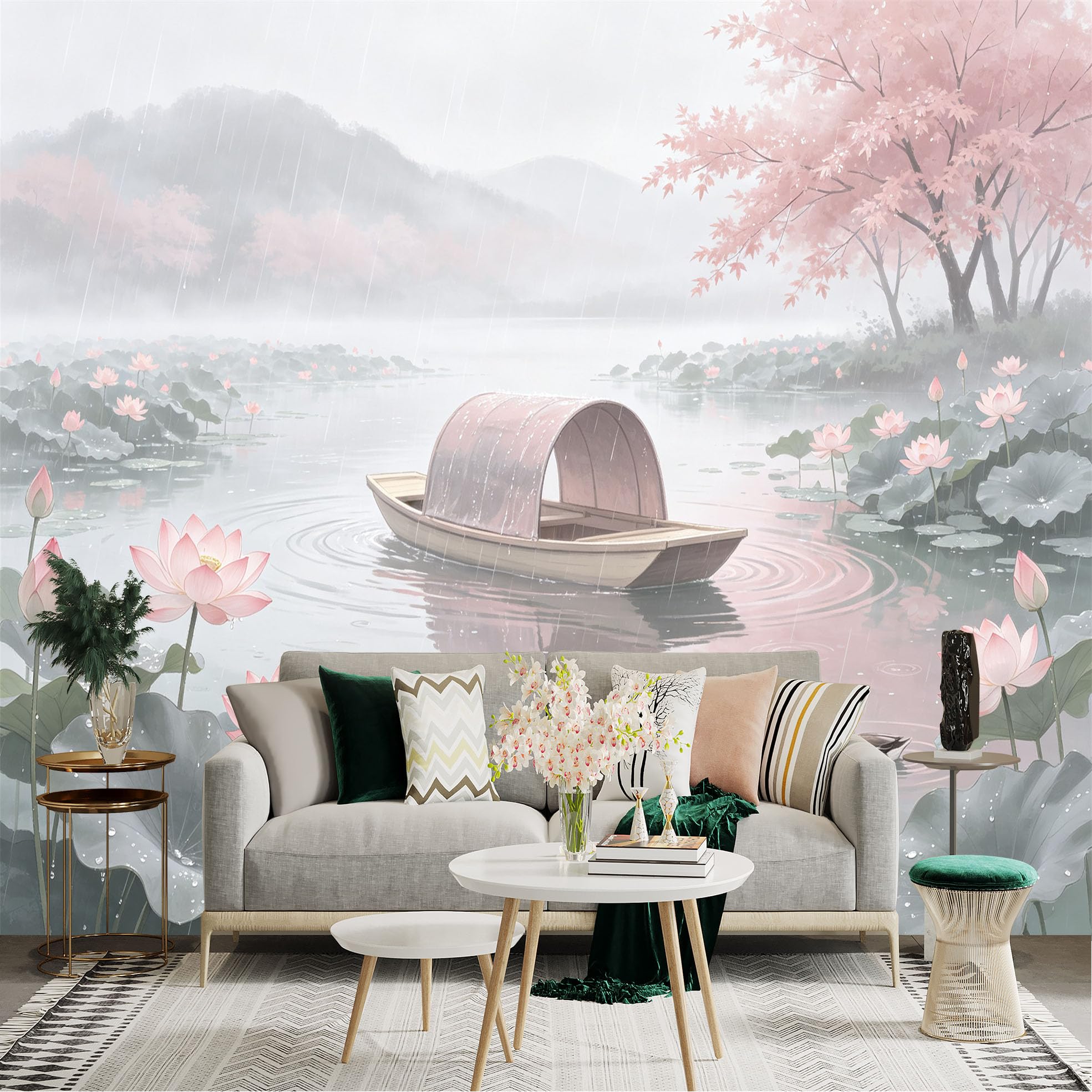 Custom Size Wall Sticker Mural， Misty Lake with Pink Lotus Flowers， Traditional Wooden Boat， Rain in Spring Scenery， for wall Decoration， peelandstick wall Decals.