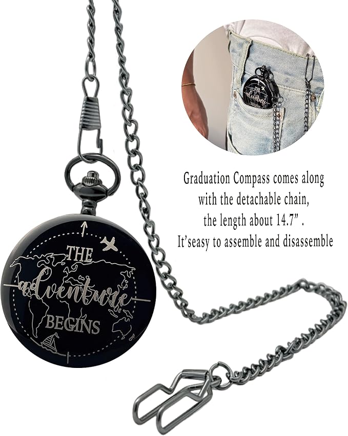 Brújula de bolsillo para graduación en negro con llavero, regalo para graduados, regalo motivacional para él camaradas, recuerdos inspiradores miniatura 6