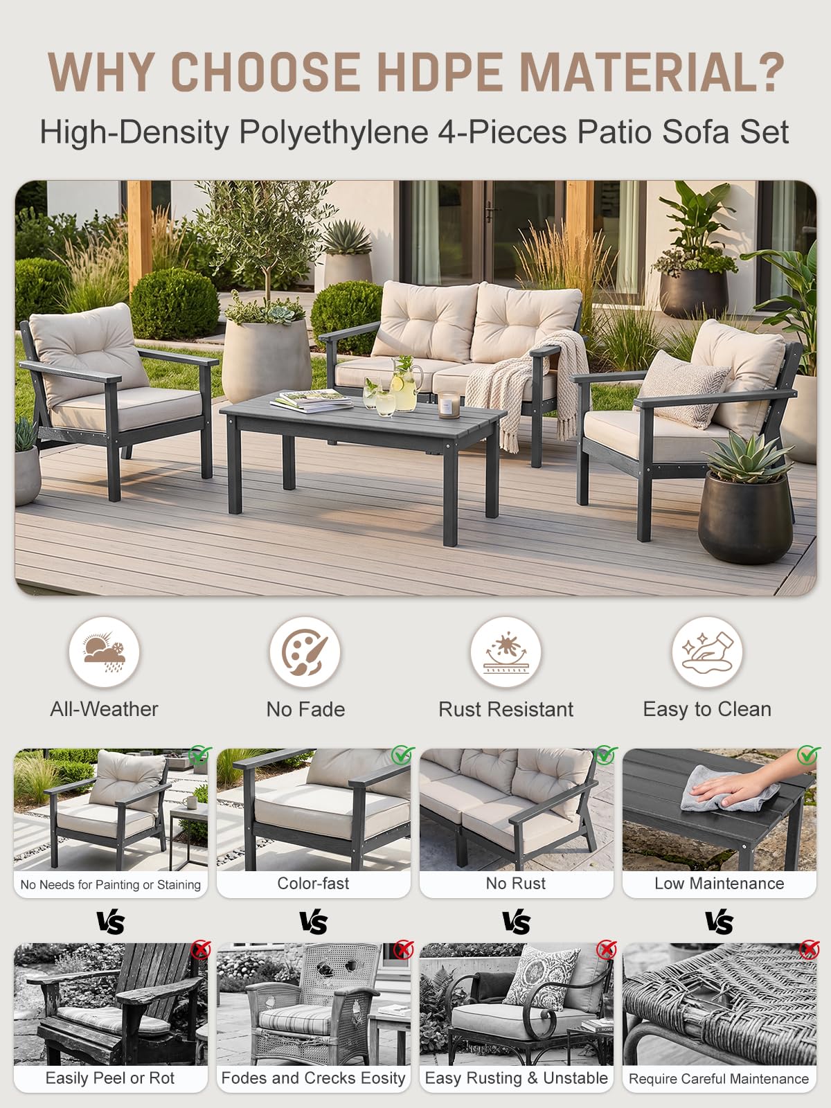 HDPE Patio Conversation Set 7 Seats, Outdoor Furniture Set, Patio Sofa Set | Water-Resistant Thick Cushion, HDPE All Weather, Wood-Grain, No Rot or Rust or Crack, UV Fade Shield, Easy-Clean for Outside