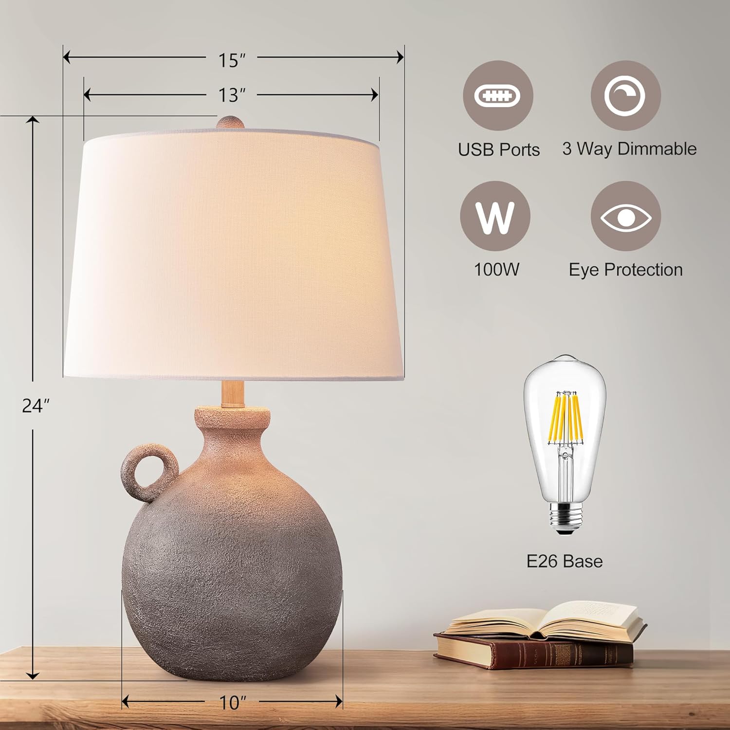 Maxax 24" Farmhouse Table Lamp for Bedroom, Rustic Grey Bedside Lamp with USB Port, 3 Way Dimmable Vintage Nightstand Lamp with White Shade for House Office Home Reading Kitchen Entryway