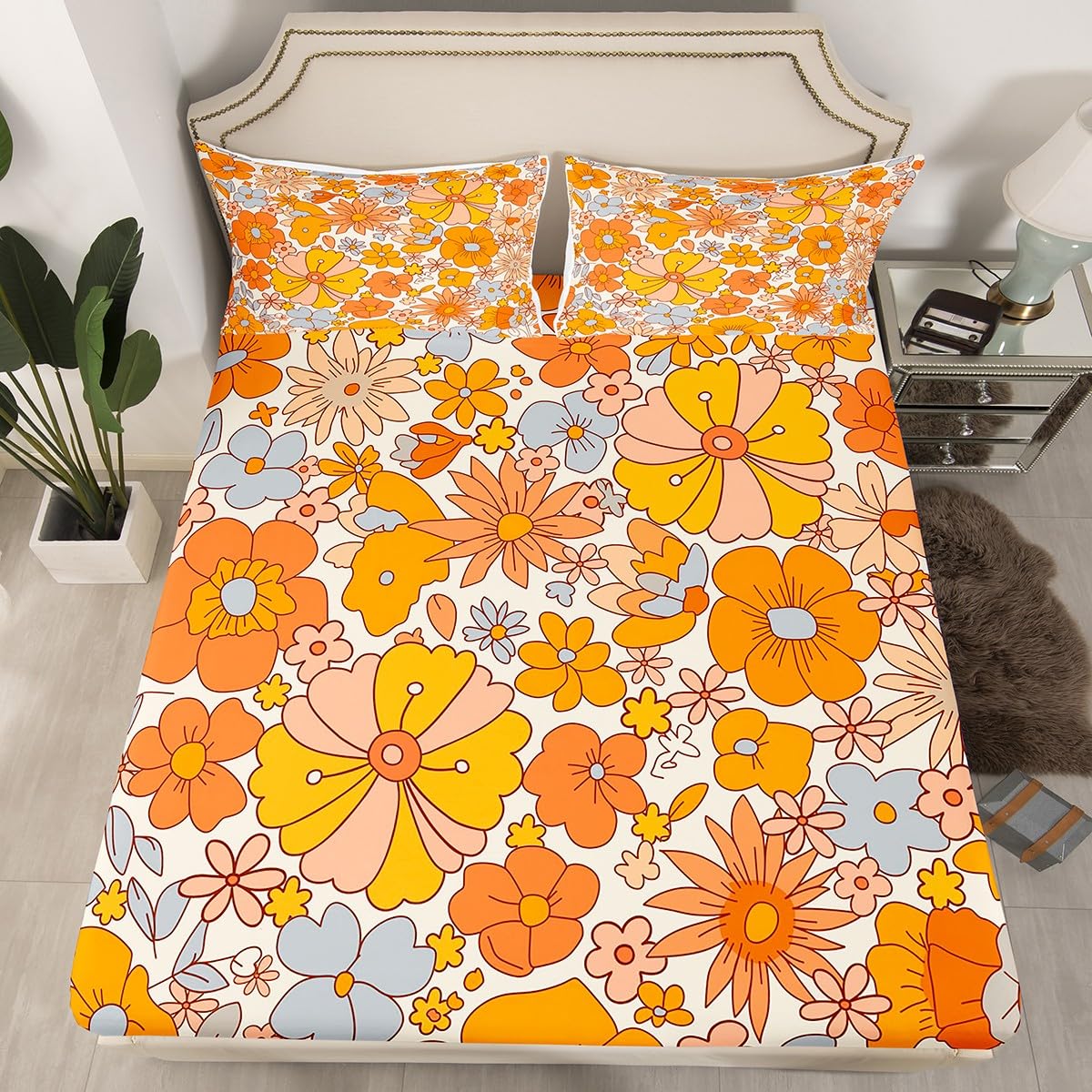 Erosebridal Hippie Flower King Sheet Set Groovy Birthday Decorations Sheets Cute Rainbow Floral Sheet & Pillowcase Sets for Girls Women Bedroom Decor Retro 70s Theme Bed Sheets 2 Pillowcase