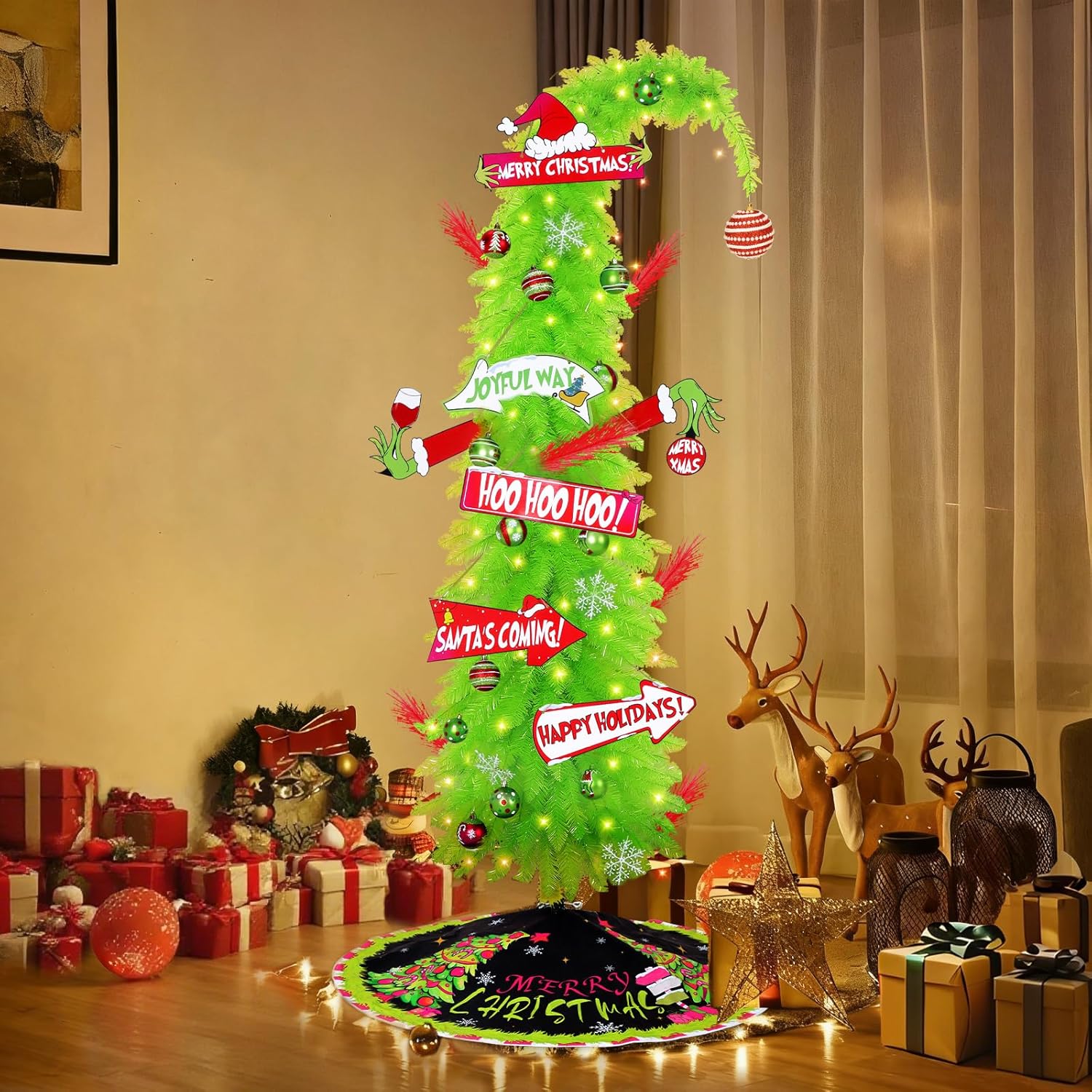 Christmas Tree 6 Ft, Artificial Whimsical Christmas Tree Lime Green Christmas Decoration, Bendable Xmas Tree for Holiday Home Office, Easy Assembly