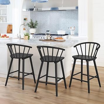 LUE BONA Bar Stools Set of 3, Black Farmhouse Barstools with Semicircular Backrest, Mid Century Modern Counter Height Bar Stools for Kitchen Island, 24 Inch