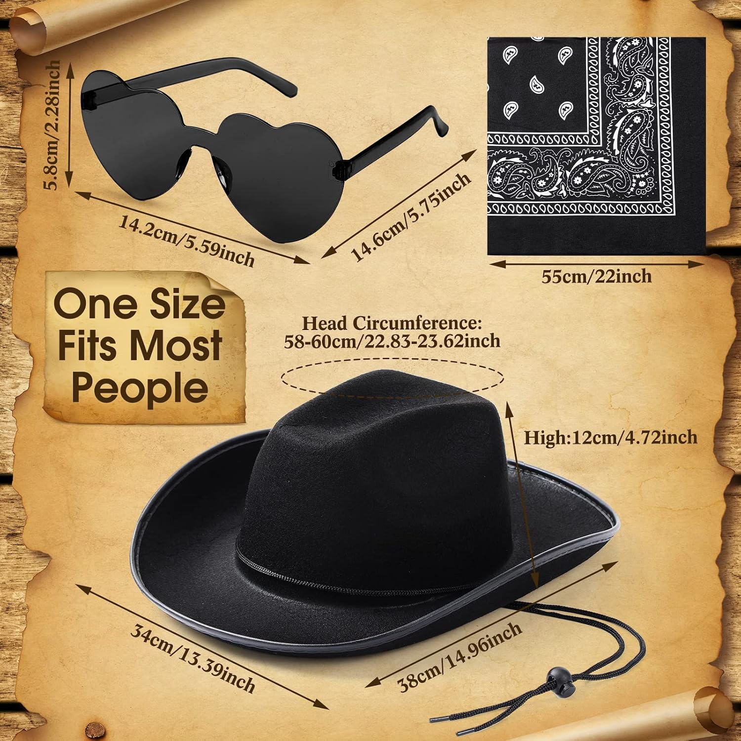 Coume 6 Sets Cowboy Hat with Heart Sunglasses and Paisley Bandanas Western Cowgirl Hat for Cosplay Costume Adults(Pink,Black)