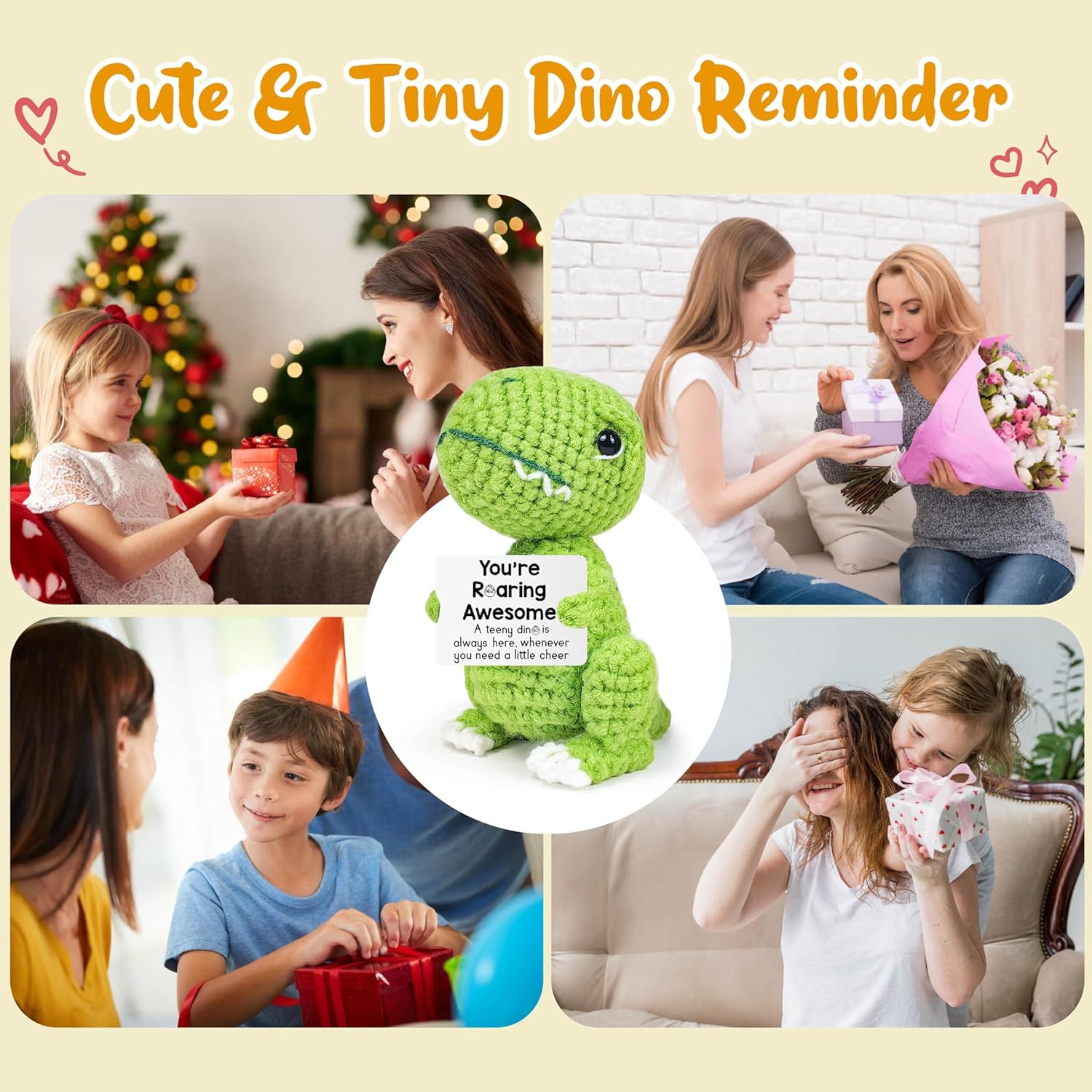 Inspirational Crochet Cheerful Dinosaur – Handmade Cute Reminder Emotional Cheer Uplifting Support Funny Gift for Women Student College Coworkers Birthday Graduation Christmas Stuffers Friendship