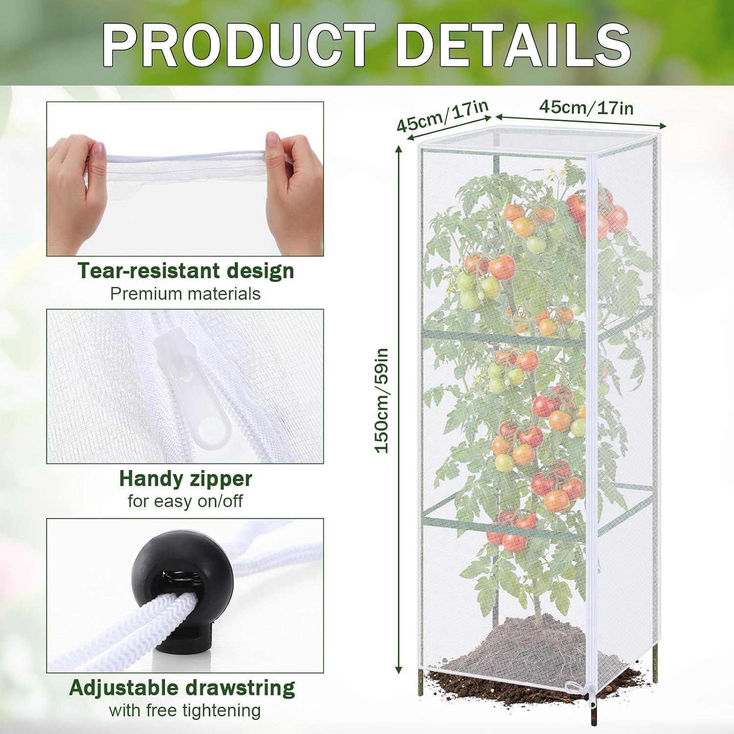 6 Pcs Garden Bird Netting Plant Cover for Square Tomato Cage 59" x 17.7'' Insect Bird Barrier Tomato Cage Net with Zipper & Drawstring, Plant Trellis Netting Protection Cover