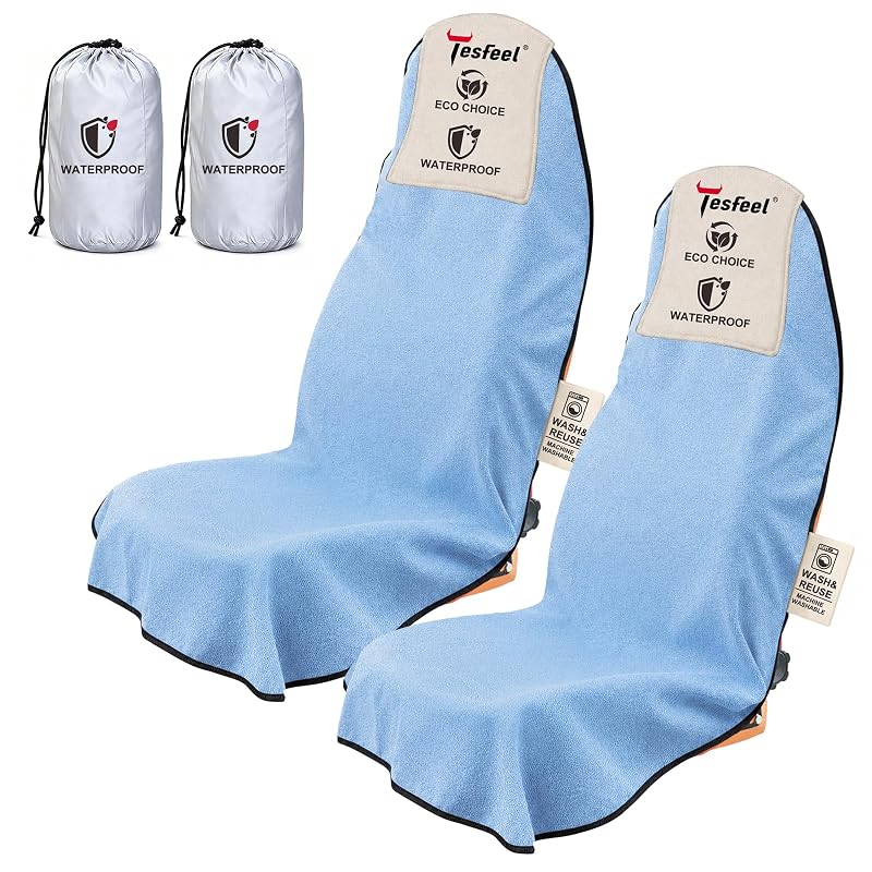 Capa de Toalha Impermeável para Banco Dianteiro de Carro TESFEEL Azul-Claro, Lavável, com Base Antiderrapante, Kit com 2