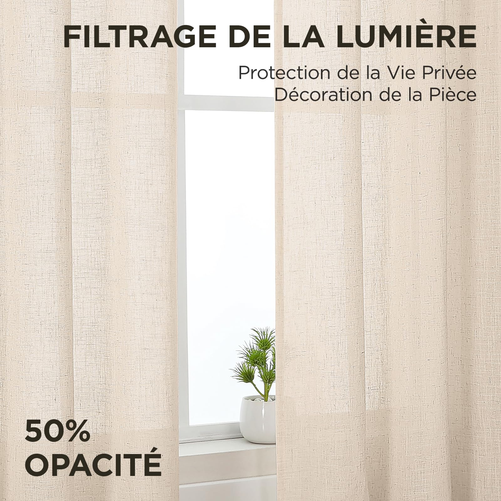 Joydeco Rideau Voilage Lin Naturel avec Galon Fronceur sur Rail 140x245cm 2 Panneaux, Rideaux Voilages Semi-Transparent Hauteur 245cm pour Decoration de Porte-fenêtre Chambre Salon, Beige
