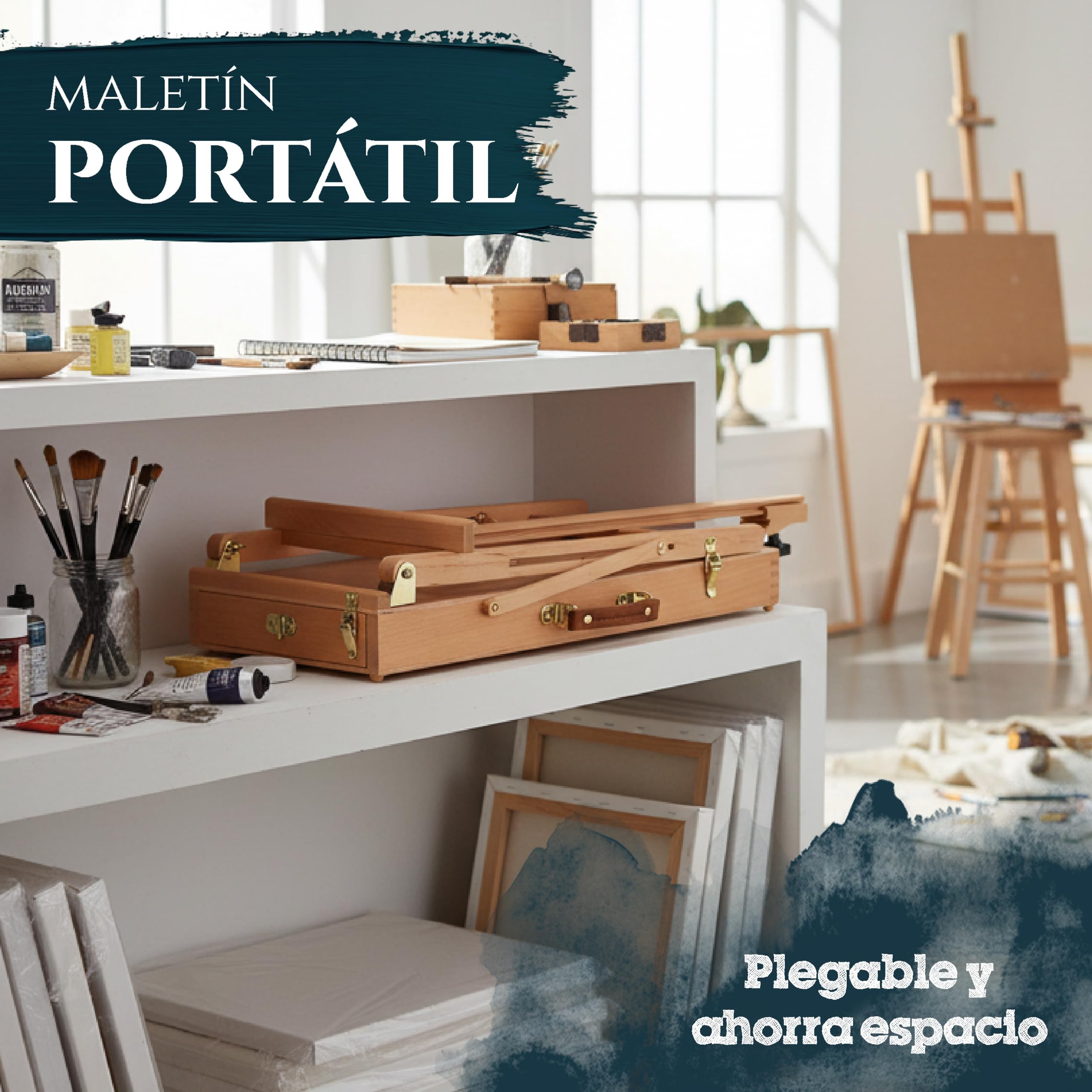 Artina Caballete maletín de madera de haya para bastidores haza tablero | Hasta 56cm de dibujo con caja ángulo de inclinación modificable kit de pinturas mesa ajustable Le Mans