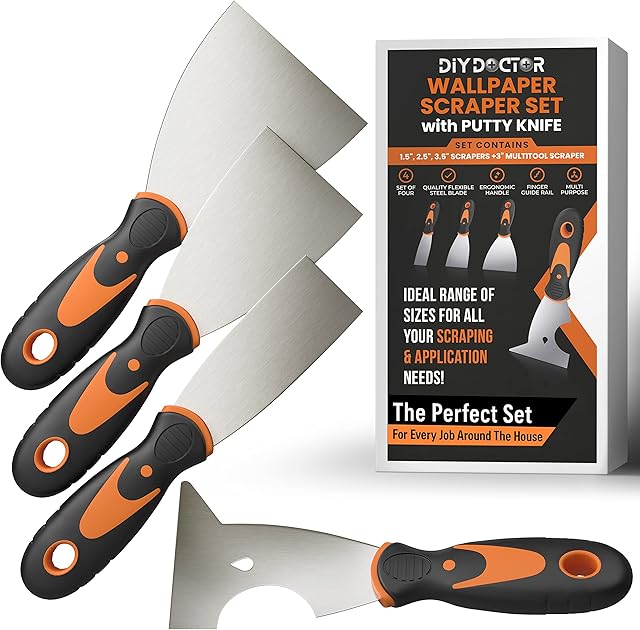 DIY Doctor - 4-Piece Wallpaper Scraper Tool Set - 3 Wallpaper Strippers with 1 Multifunctional Tool/Putty Knife - Wall Paper Scraper Tool Set (1.5, 2.5, 3.5 inch Paint Scrapers with 3 inch Mutitool)