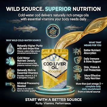 Cod Liver Oil High Strength 1000mg Heart, Brain and Joint Healthcare Supplements, Natural Rich Source of Omega 3 Fatty Acids | 120 Capsules