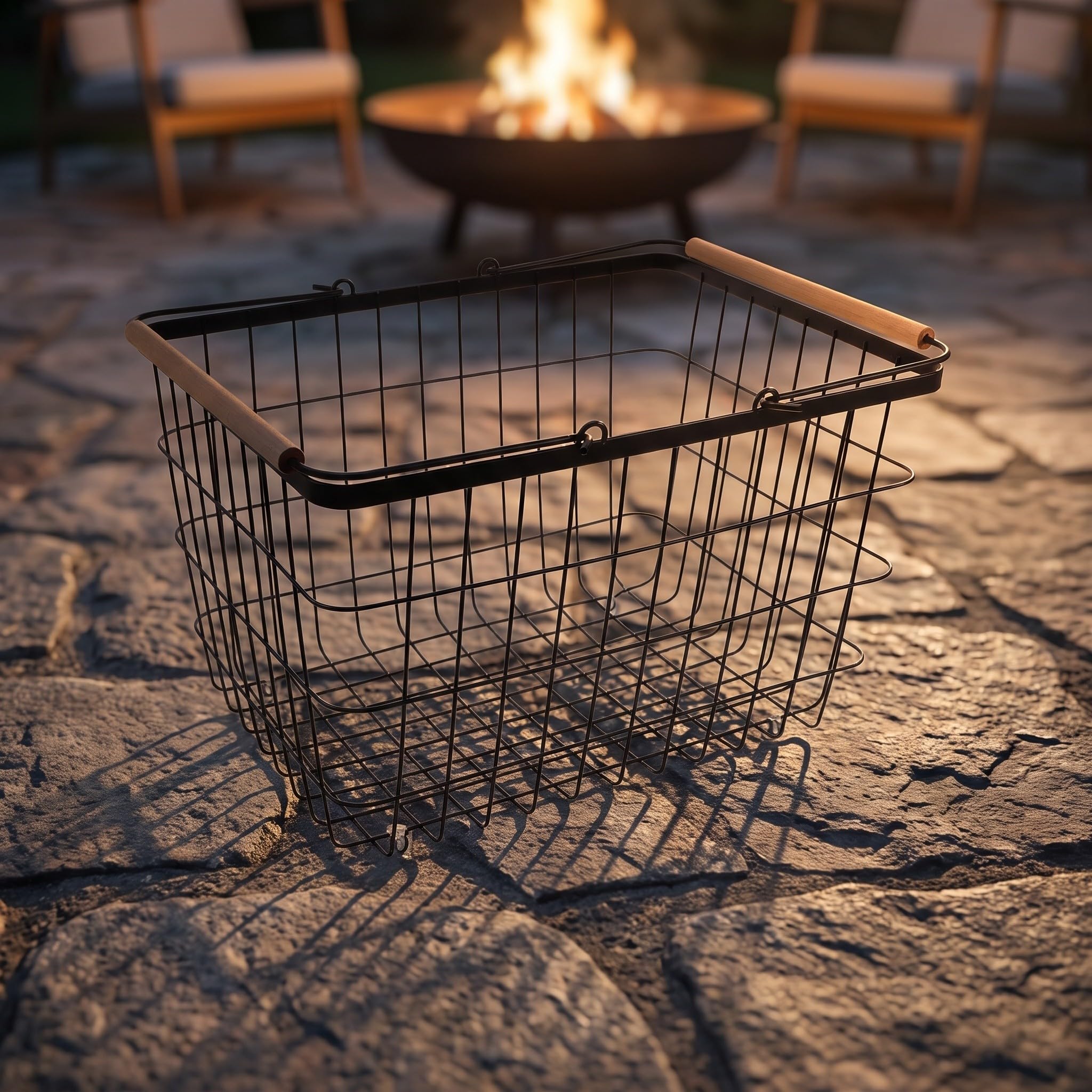 Zerodeko Cesto rettangolare in filo metallico per legna da ardere, nero, | Organizzatore di legna da ardere portatile in metallo, resistente e traspirante, adatto per interni, patio e giardino.