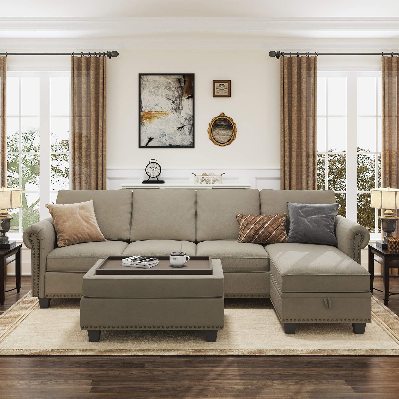 Nolany Convertible Sectional Sofa Set, L Shaped Couch with Storage Ottoman, Reversible Sectional Sofa Couch for Living Room, Dark Khaki