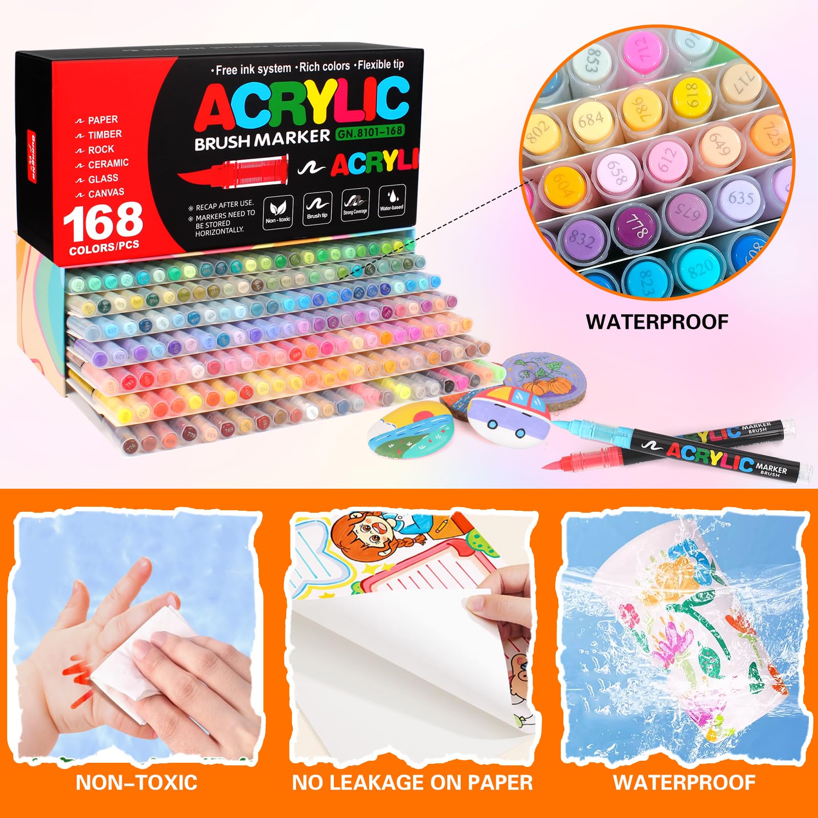 Gunsamg 168 Colori matite di vernice Acrilica per la Pittura su Roccia, Pennarello di Vernice Acrilica per il vetro legno pietra Ceramica tessuto Metallo tela di carta.