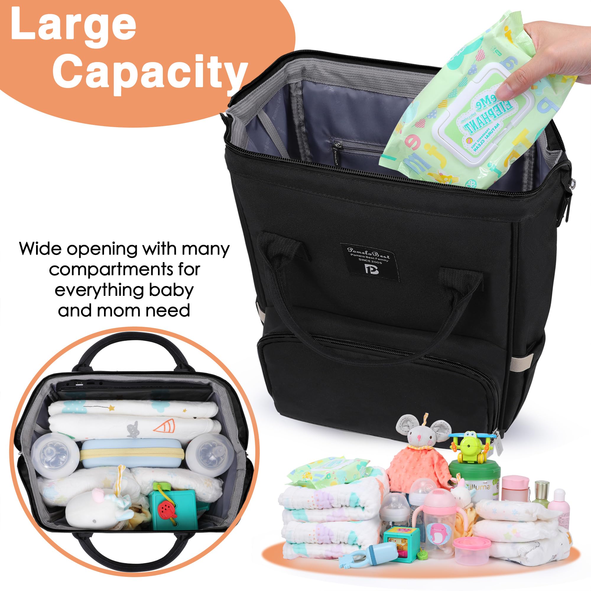 Pomelo Best Zaino Mamma neonato Fasciatoio Bambino impermeabile Borsa Nappy Stoffa Oxford Grande capacità con Materassino fasciatoio, 2 tasche isolanti bottiglia per Viaggiare mamma papà, Nero