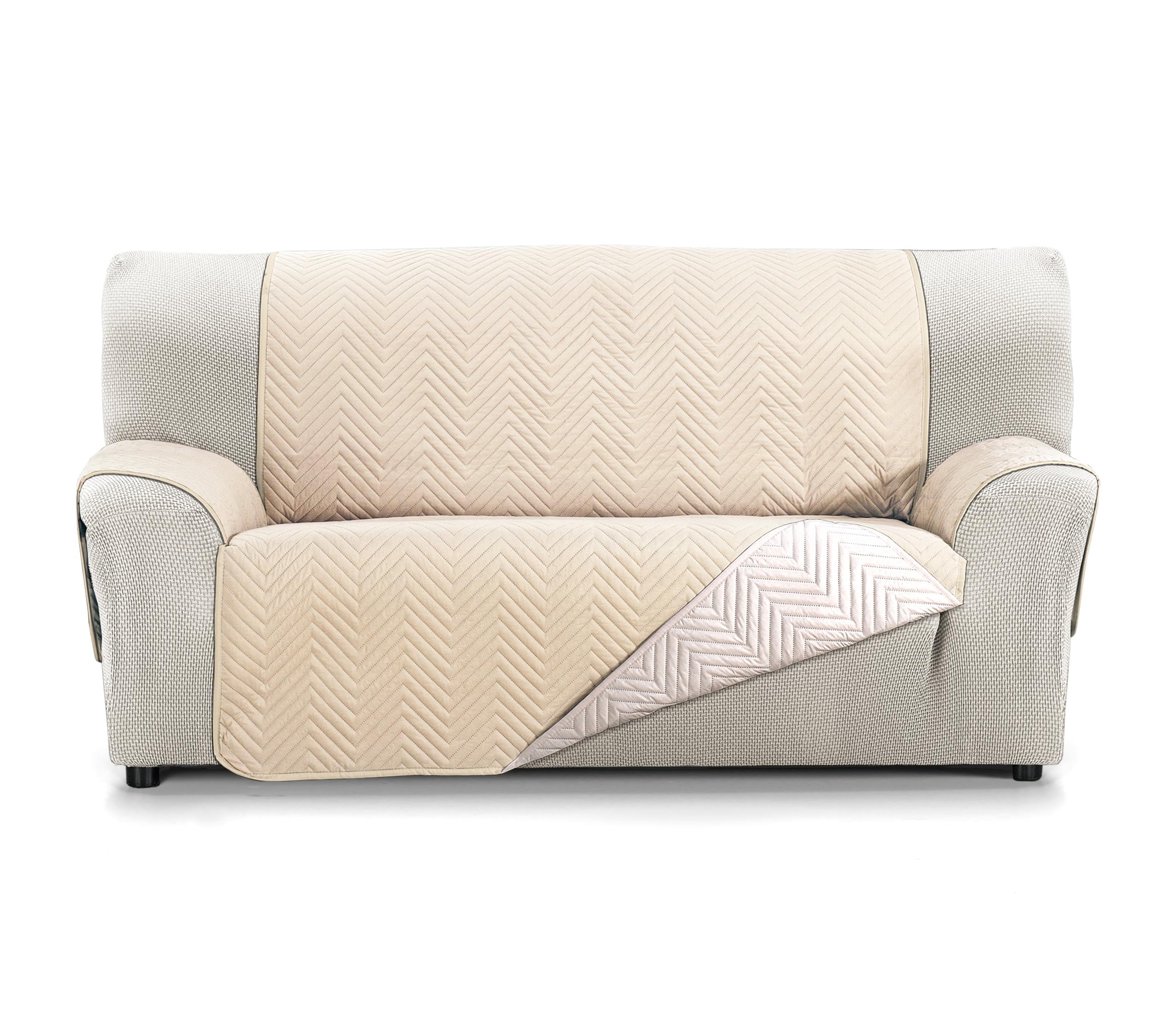 S & T Funda Sofá 2 Plazas Beige/Lino - Cubre Sofa Acolchado Reversible Mont - Protector Sofá Antiacaros - 100% Poliester Fabricado en España