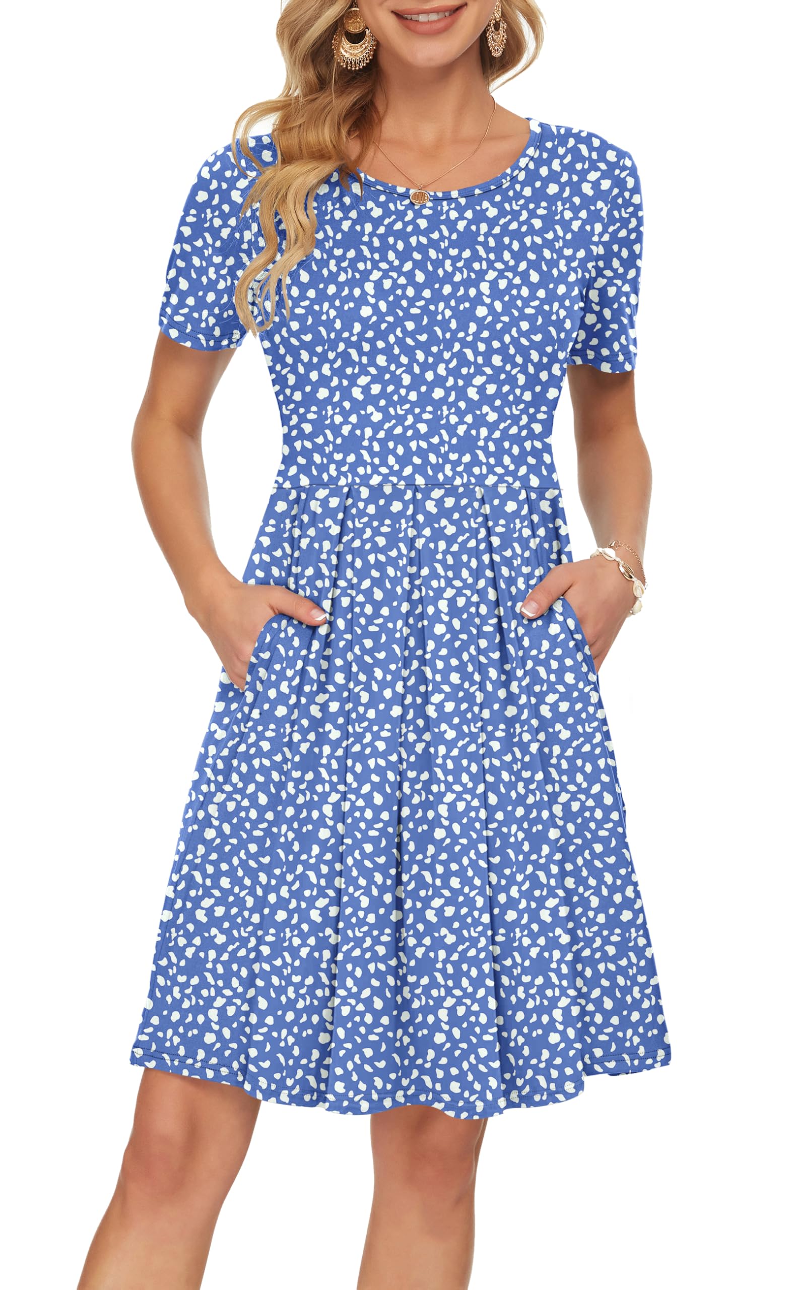 AUSELILY Women's Short Sleeve Summer Dress Pleated Loose Swing Knee Length Dresses with Pockets 2026 New
