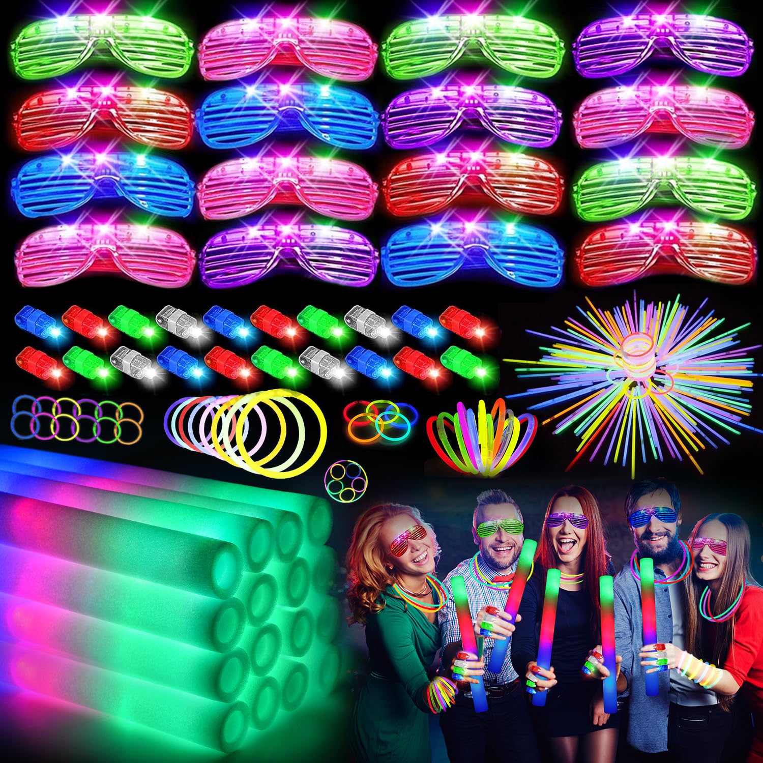 HONLYNE168 PCS Glow in the Dark Party Supplies, Light Up Party Favors 12PCS LED Glasses, 16PCS Foam Glow Sticks, 40PCS Finger Lights, 100PCS Glow Sticks Bulk for Glow Party Wedding Birthday Raves