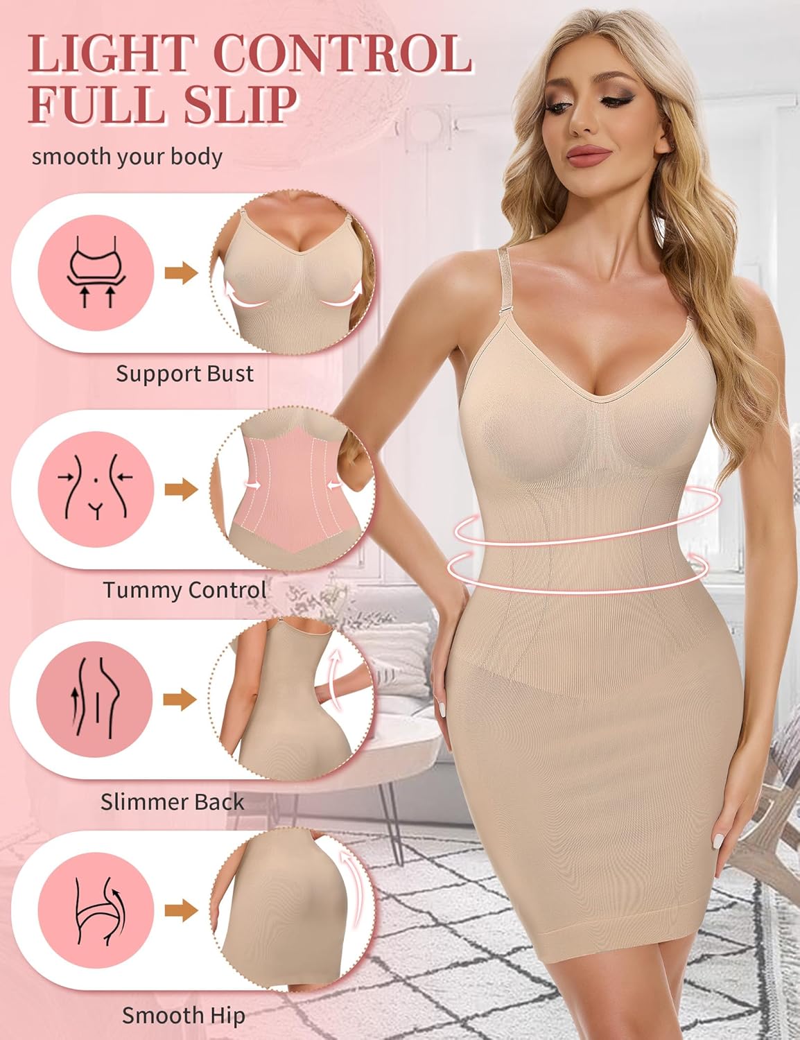 SLIMBELLE Shapewear Dress Slip For Under Dresses Women Tummy Control Adjustable Strap V Neck Full Slip Seamless Shaper - Image 2