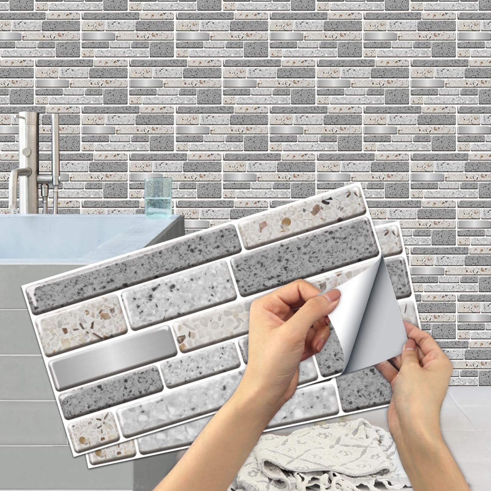 Stick On Tiles 12 Pcs Kitchen - Grey Peel And Stick Wall Vinyl Self  Adhesive Backsplash - Bathroom Brick Effect Tile Stickers, image size:1600x1600