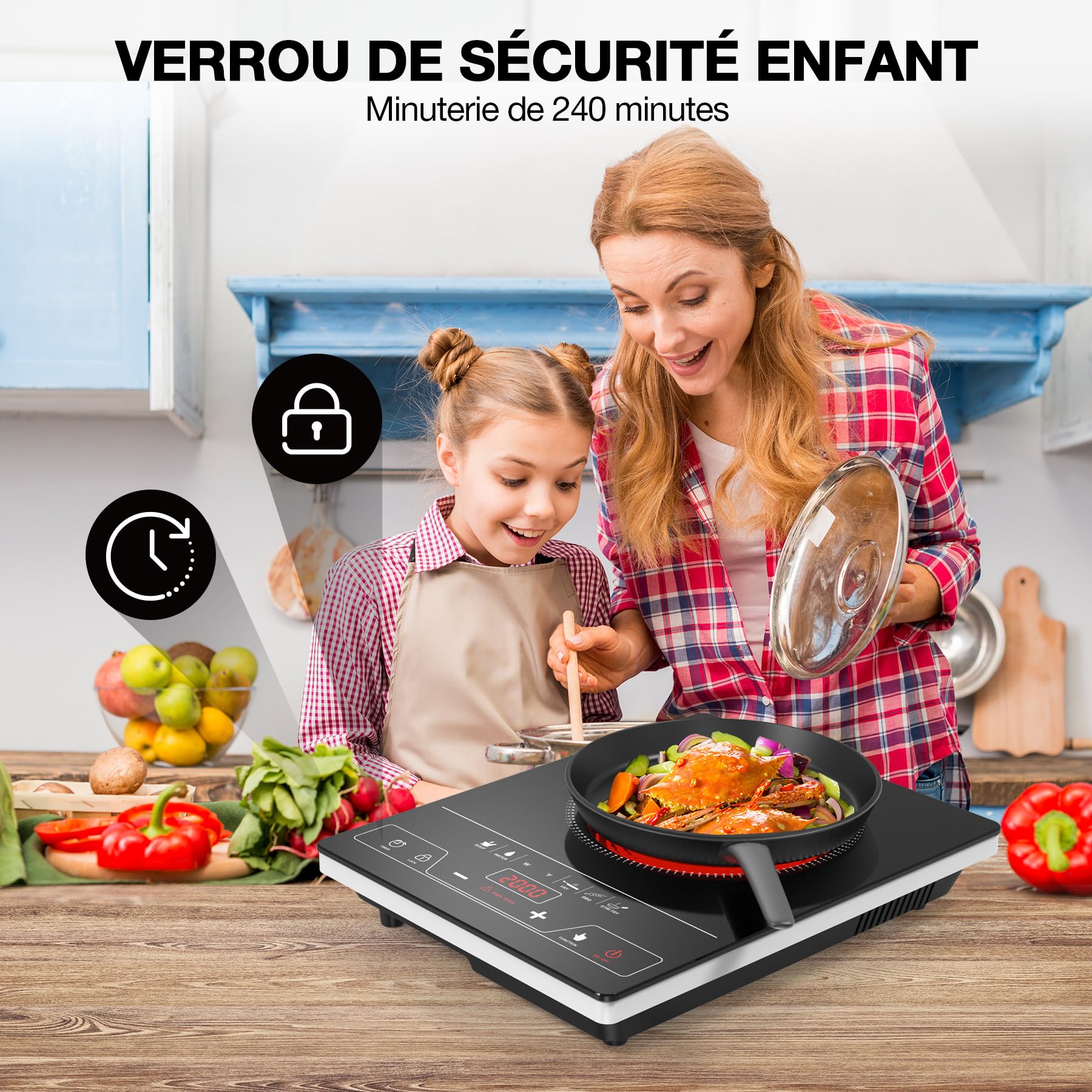 VBGK Plaque Vitrocéramique 1 Feu, Table de cuisson Electrique 2000W, Plaque de Cuisson avec Commande Tactile LED, 8 Niveaux de Puissance, Verrouillage Enfant