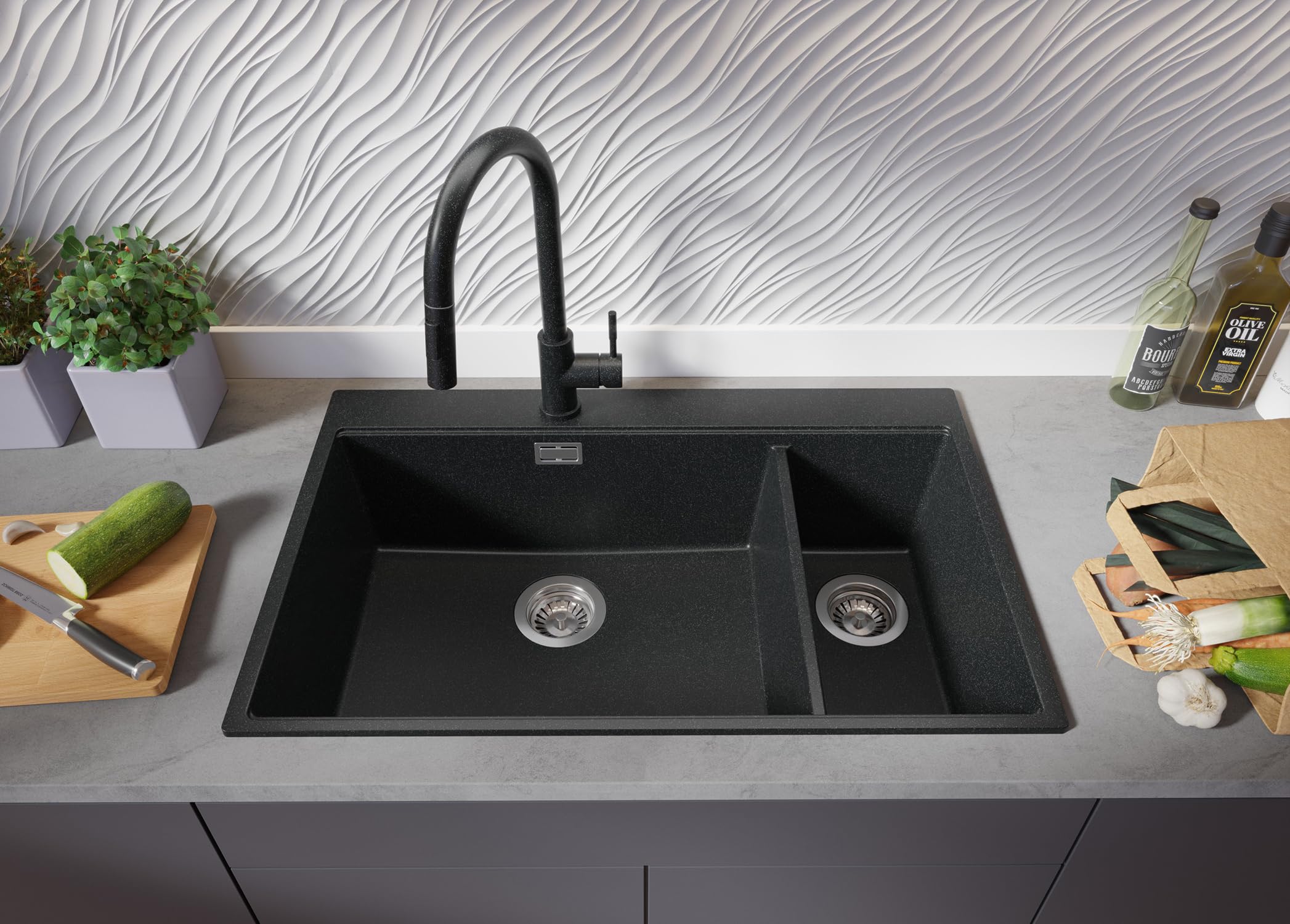 PRIMAGRAN Evier Cuisine en Granit Graphite 78x50cm, Lavabo 2 bacs + Kit de Vidage + Planche à Découper, Évier à Encastrer au Meuble 80cm - Oslo S075