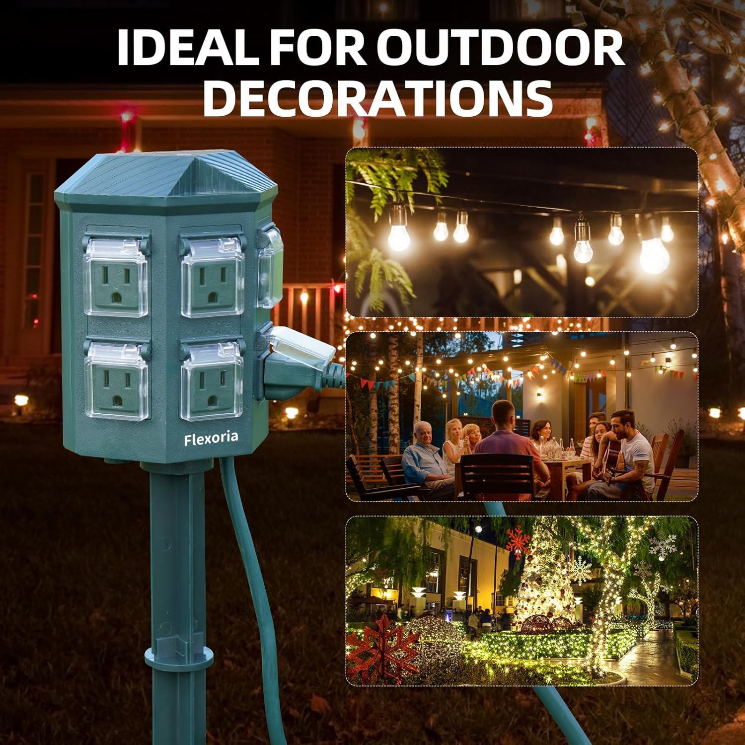 Flexora Outdoor Power Strip with 24-Hour Mechanical Timer, 50 FT Extension Cord Waterproof, 6 Grounded Outlets for Graden and Yard Decorations, ETL Listed