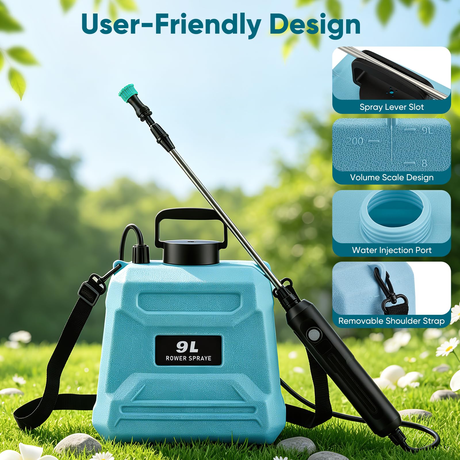 Pulvérisateur à pression électrique, pulvérisateur à pression sans fil de 9 litres avec batterie rechargeable USB, 3 buses de pulvérisation, lance de pulvérisation extensible et bandoulière