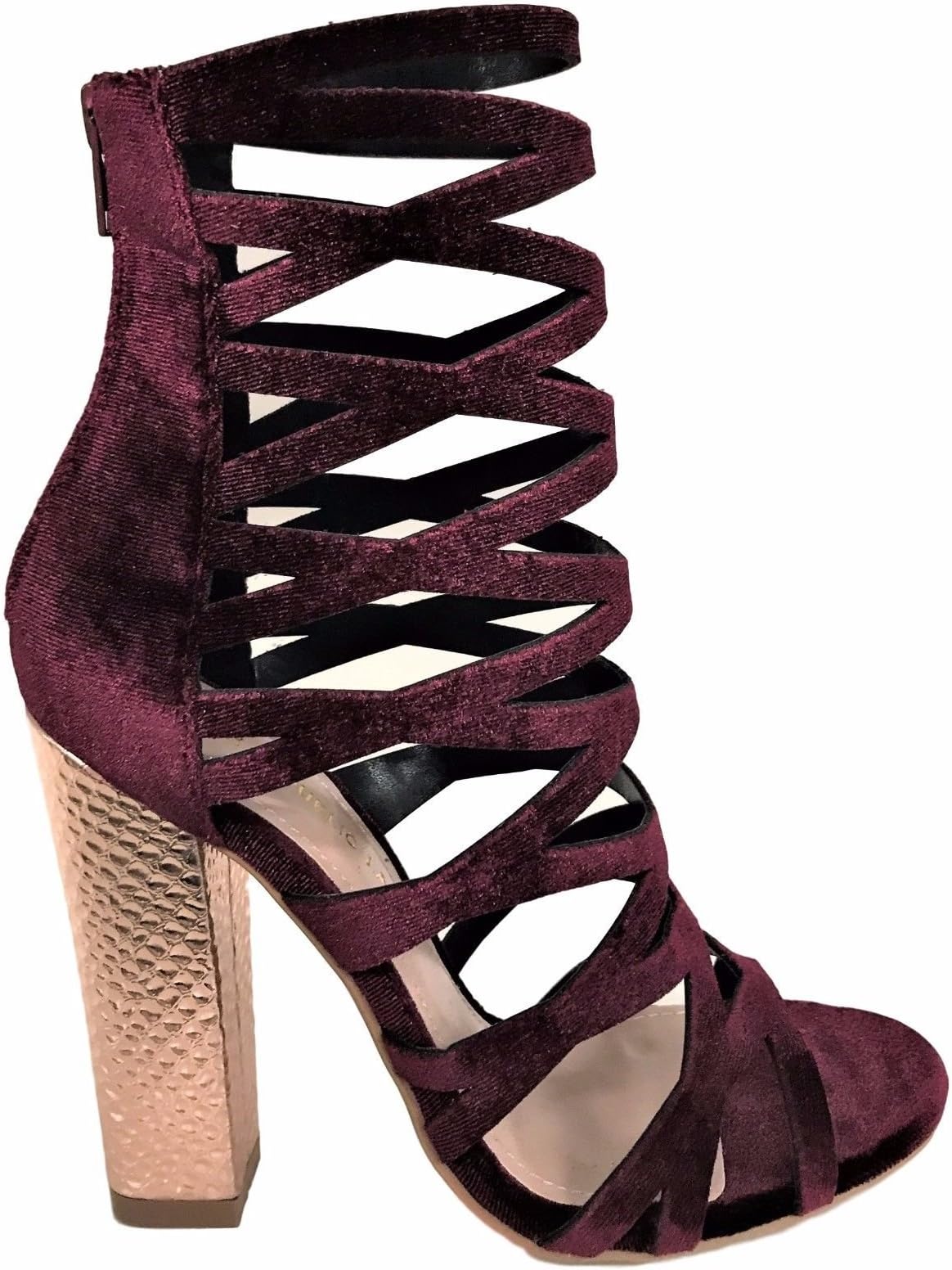 Shoe Republic Shimmy Cage Gladiator Velvet Metallic Block Heel Sandal Bootie Shoe Wine 6