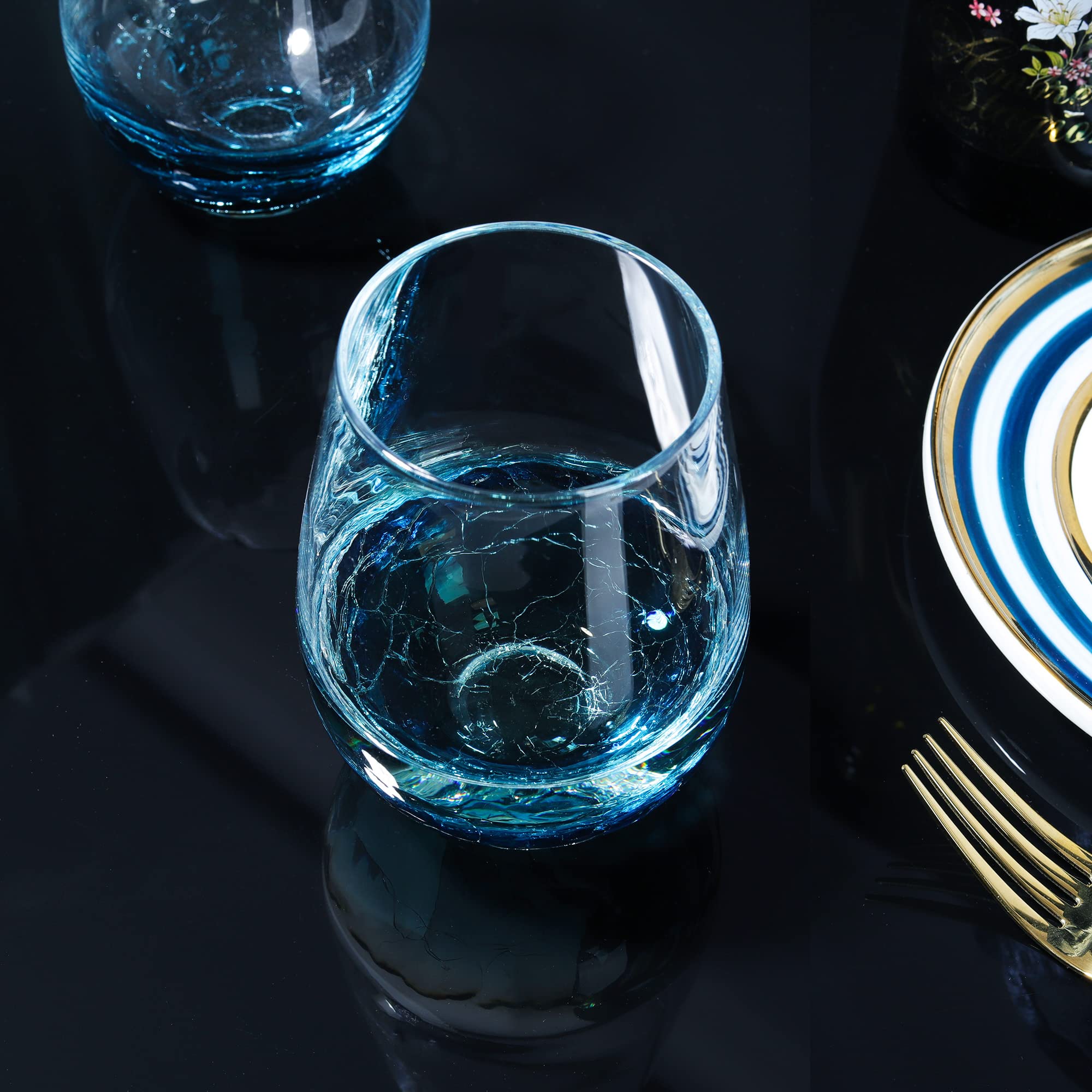 Joeyan Copa de Vino sin Tallo Grieta 560ml - Juego de 2 Azul Vasos de Vino de Cristal - Soplado a Mano Copa de Vino Tinto o Blanco para Casa, Restaurante y en Fiestas