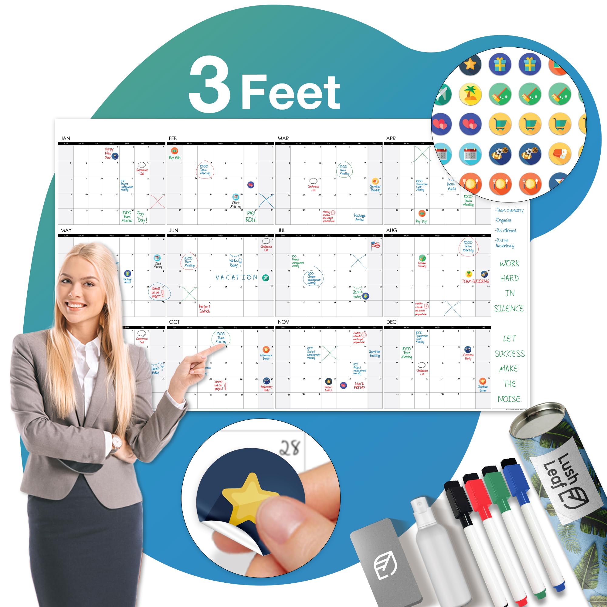 Dry Erase Calendar for Wall, 24" x 39" - Undated, Yearly, Reusable - Full 12 Month Year - Includes Markers, Eraser & Accessories