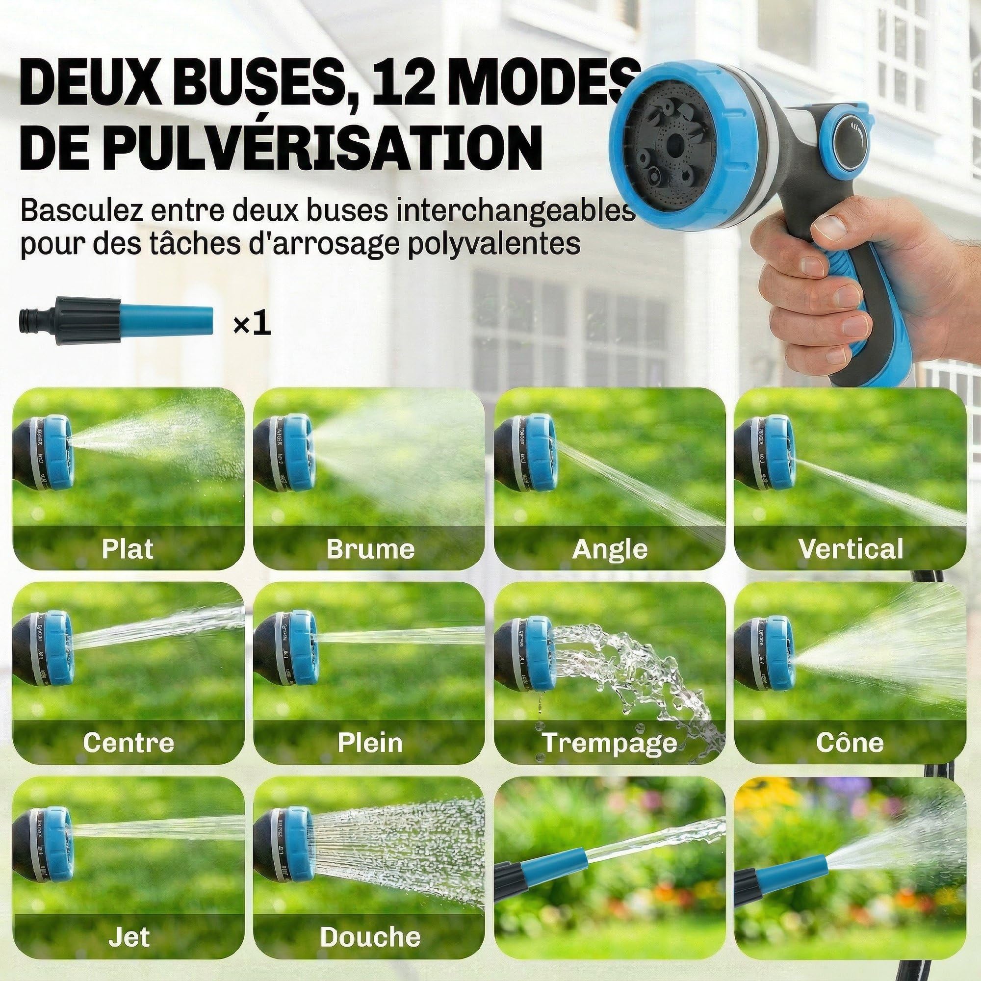 Outsunny Avvolgitore Tubo per irrigazione a parete automatico 23+2m 10+2 modalità blu | Pistola da irrigazione 10+2 modalità, soluzione di irrigazione retrattile e flessibile, giardino, pulizia auto
