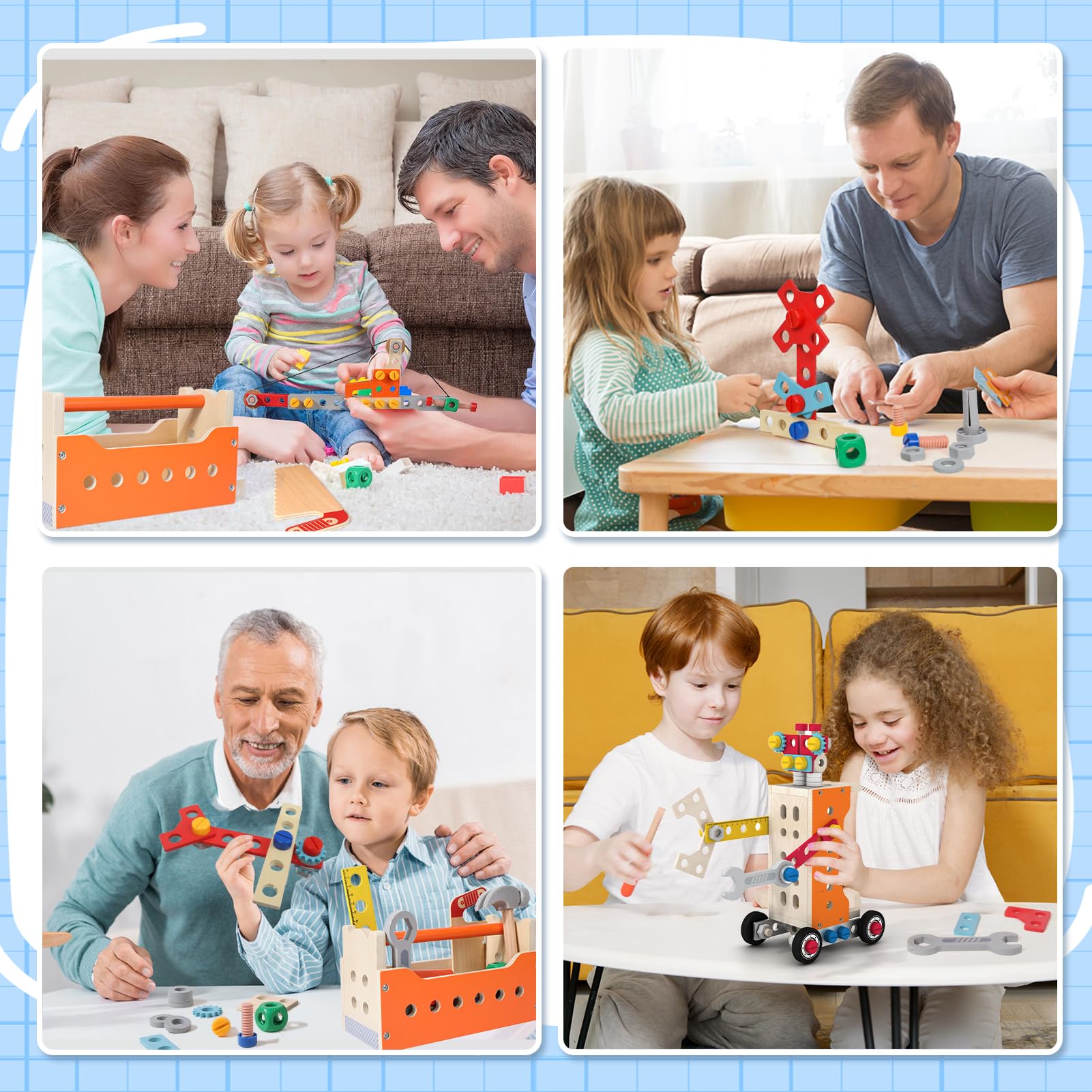 XIAPIA Boîte à Outils en Bois pour Enfants – 124 Pièces Deluxe, Kit de Construction Grande Taille, Jouet Éducatif, Développement de la Motricité et de la Créativité – Dès 3 Ans