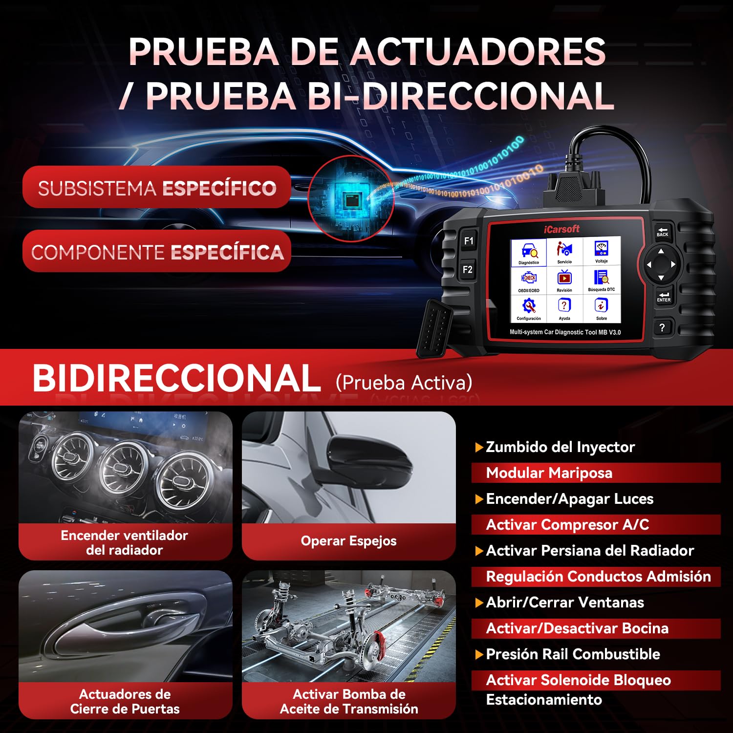 iCarsoft MB V3.0 OBD2 Máquina Diagnosis Coche para Ben.z/Sprinter/Smart, Escáner de Todo el Sistema, 35 Funciones Reinicio, Prueba Bidireccional, Vin Automático, con Adaptador Ben.z 38 Pines