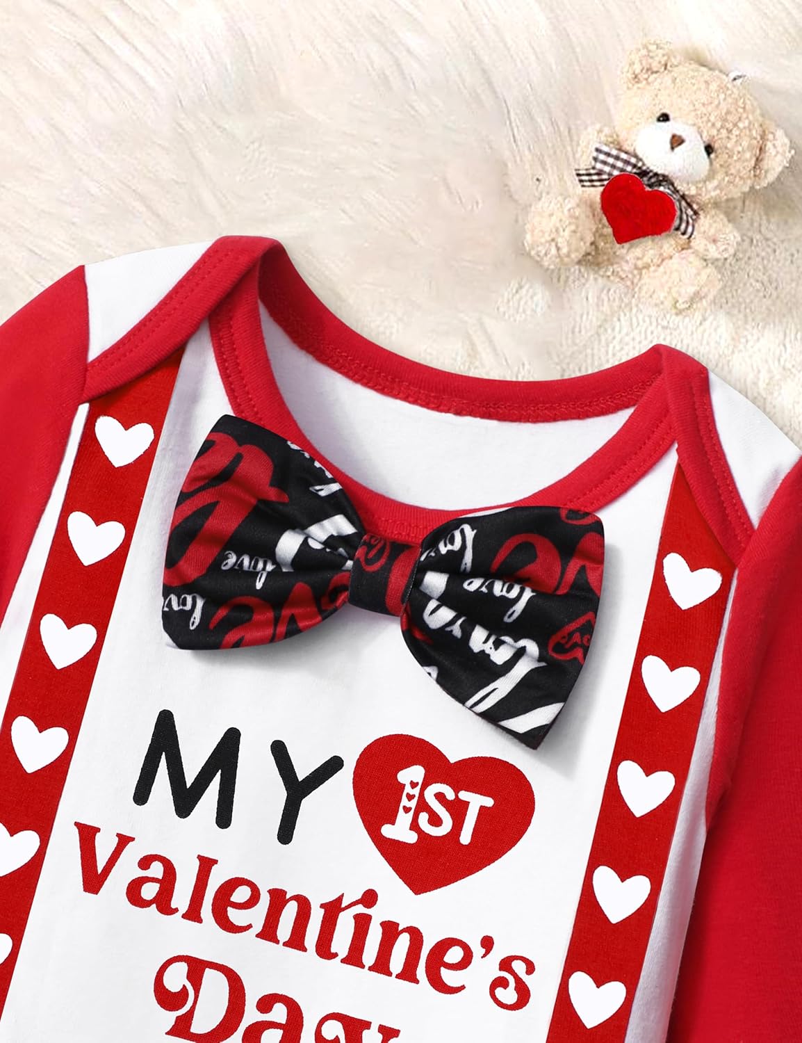 WIQI Baby Boy Valentines Day Outfit,Long Sleeve Valentine'S Day Romper+Pants+Hat My First Valentines Day Baby Boy Outfit - Image 8