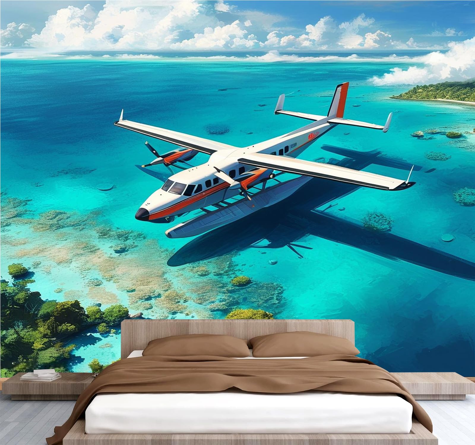 Générique Papier Peint Panoramique 3D 366x254 cm Avion Non-tissé Murale Maison Décoration Intérieure Océan Paysage pour Chambre Salon Mur TV Artistique Poster Décoration Murale 1M82
