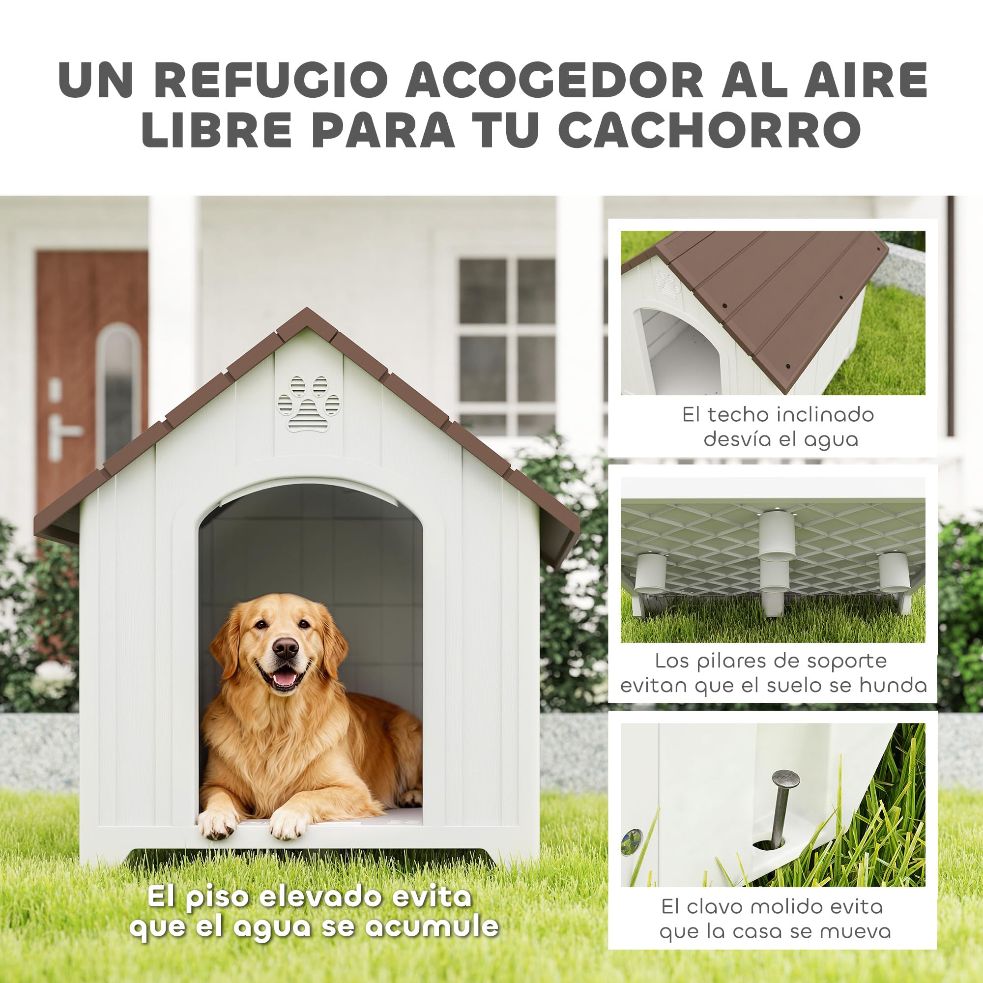 PawHut Caseta para Perros Exterior, Casa para Perros Grandes de Plástico Impermeable con 2 Ventanas, Base Elevada, Estacas, Fácil de Montar, 88x79x89 cm, Marrón Oscuro