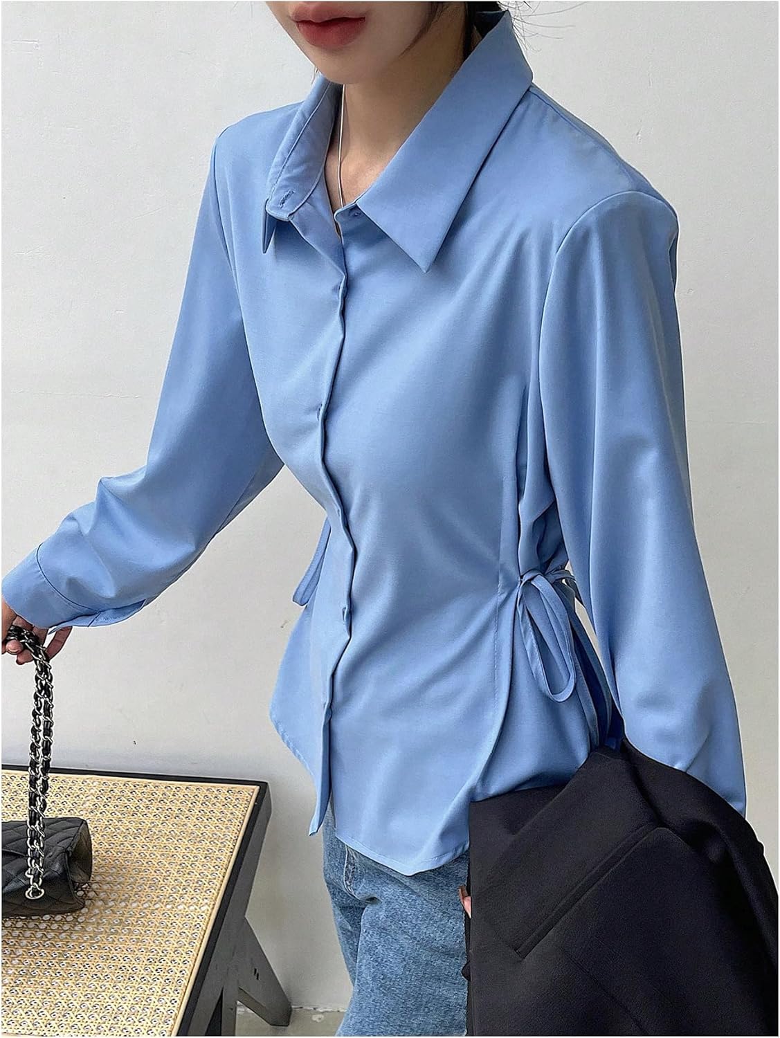 SweatyRocks Women's Button Down Long Sleeve Blouse Side Drawstring Shirt Work Business Tops - Image 4