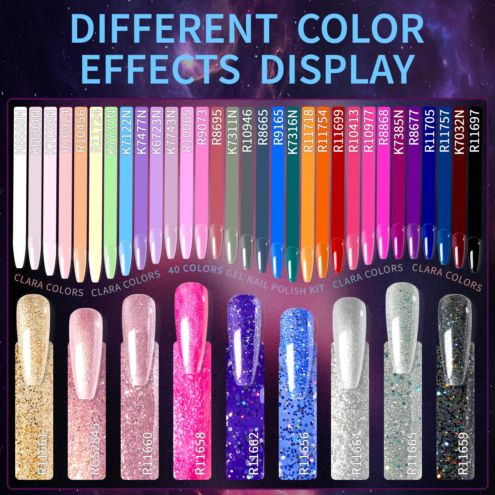 Clara Colors Vernis à ongles en gel, 40 couleurs violet, vert, rose, noir, vernis à ongles UV et base - Couche supérieure - Pour femme