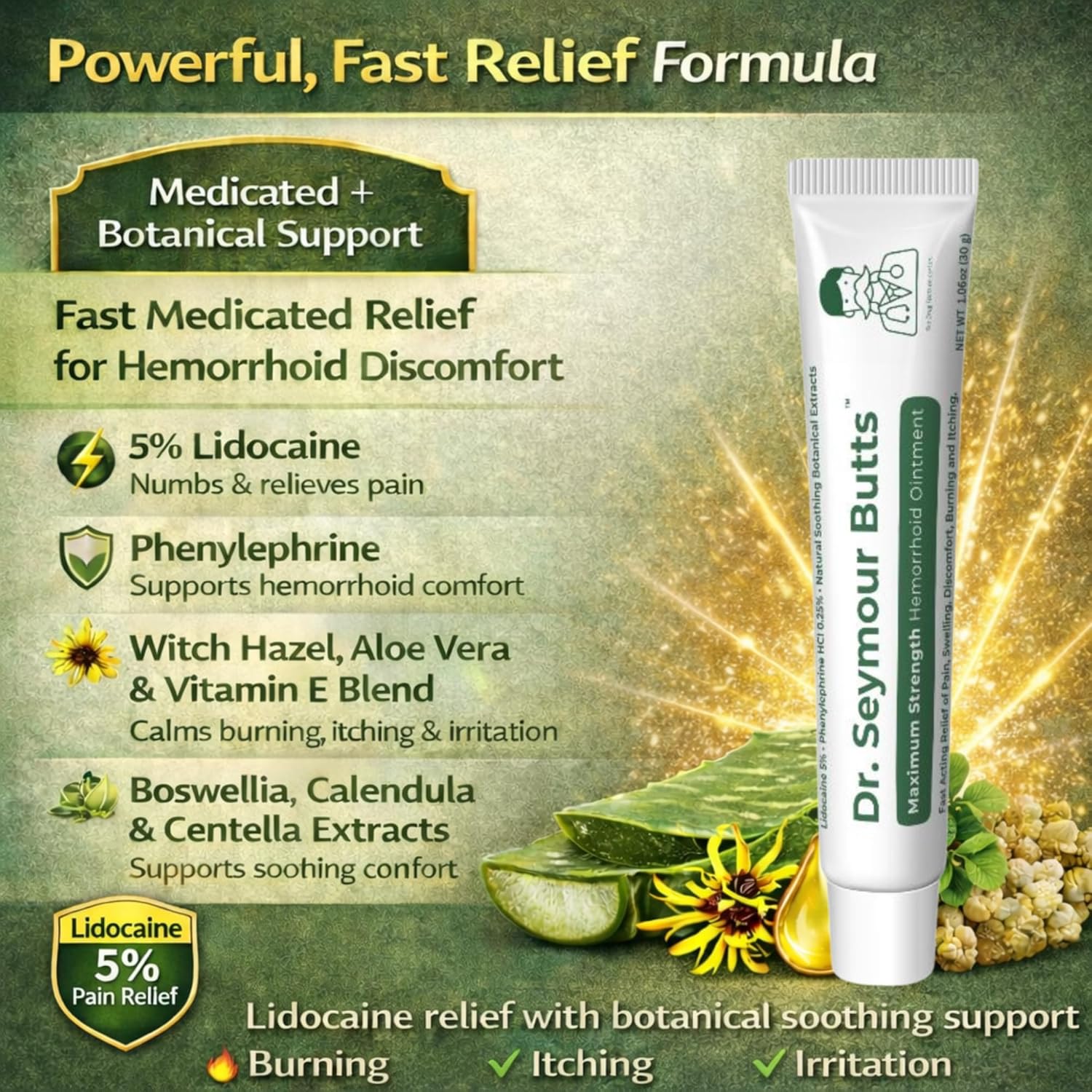 Dr. Seymour Butts Hemorrhoid Ointment with Lidocaine 5% Pain Relief for Burning, Itching & Irritation | External Hemorrhoid Care with Witch Hazel, Aloe & Botanical Support