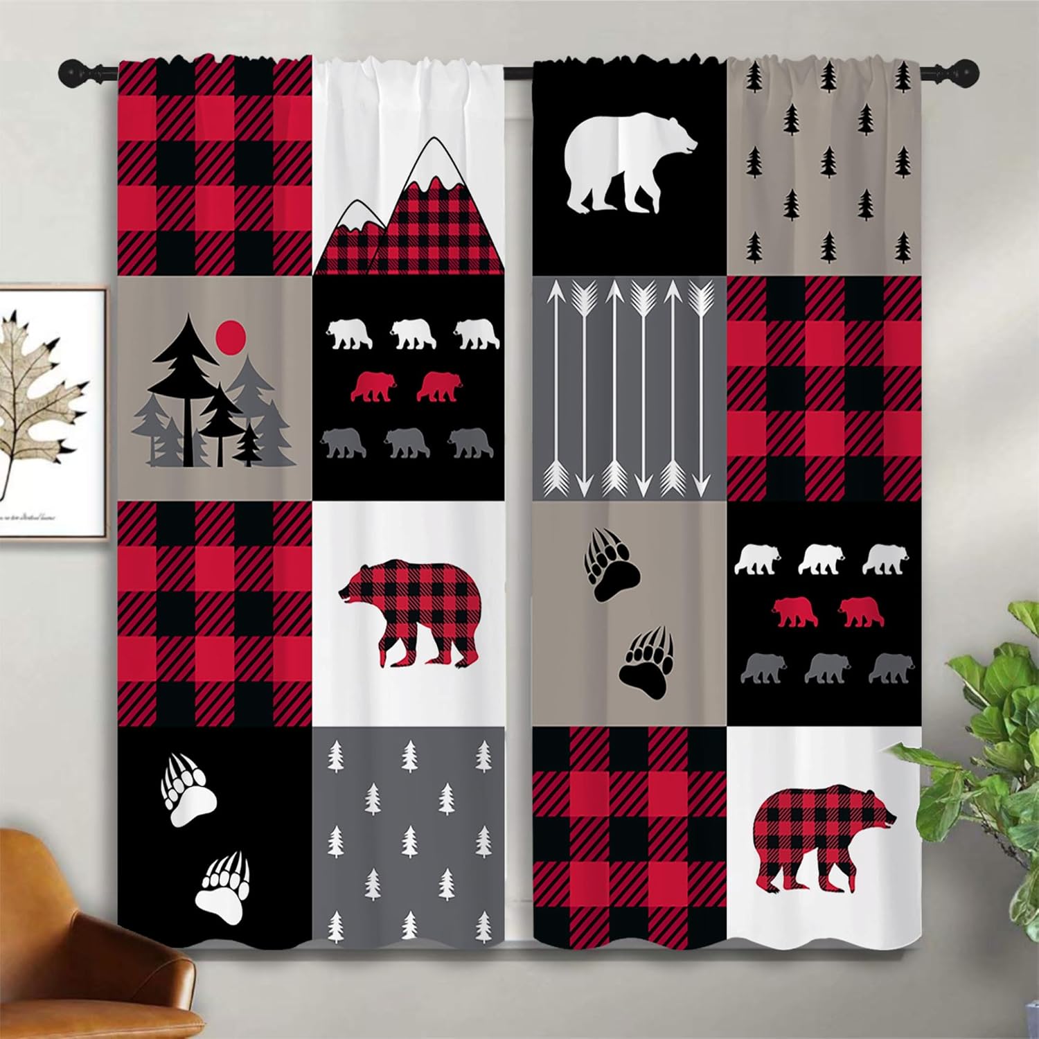 Red Black Plaid Bear Rod Pocket Blackout Curtains for Boy Girl Bedroom, Christmas Abstract Animal Paws Forest and Arrow Light Filtering Window Drapes for Living Room Home Decor Privacy, 42x63 inch