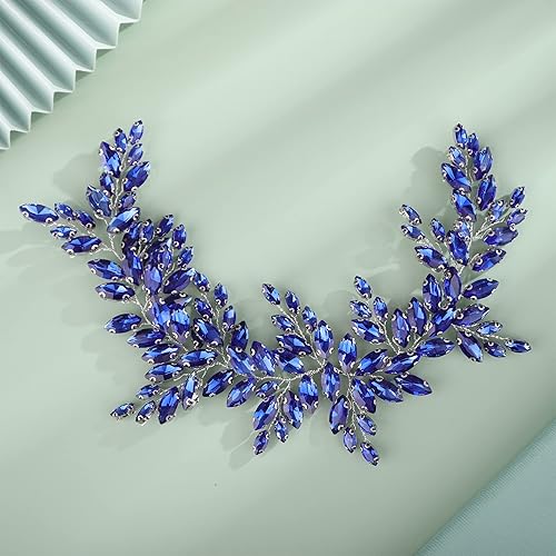 Kercisbeauty Diadema de cristal azul con diamantes de imitación para boda, pieza de pelo plateado para mujeres y niñas, joyería para el cabello