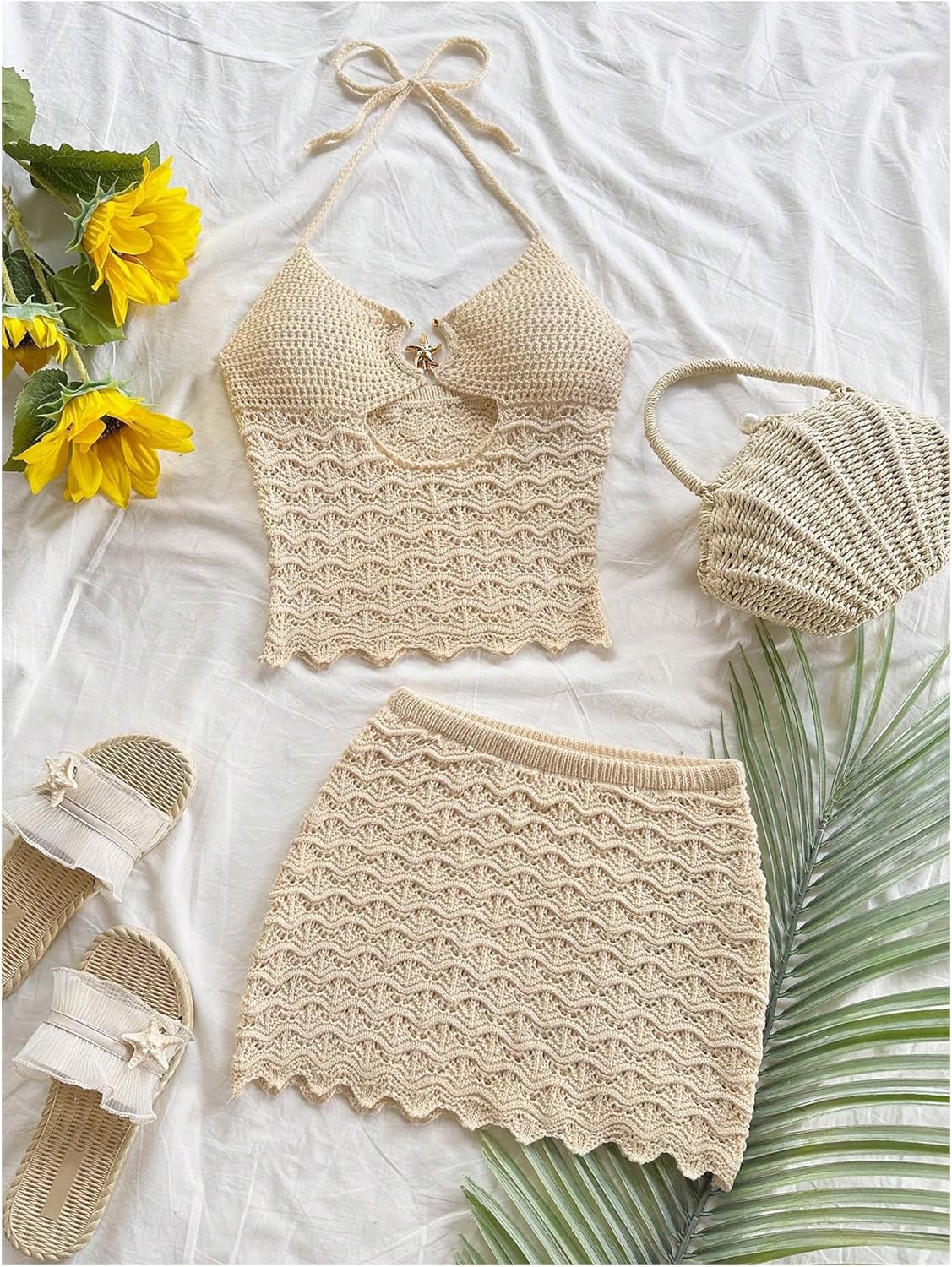 SOLY HUX Women's 2 Piece Beach Vacation Outfits Crochet Cut Out Halter Crop Top and Mini Skirt Set - Image 5