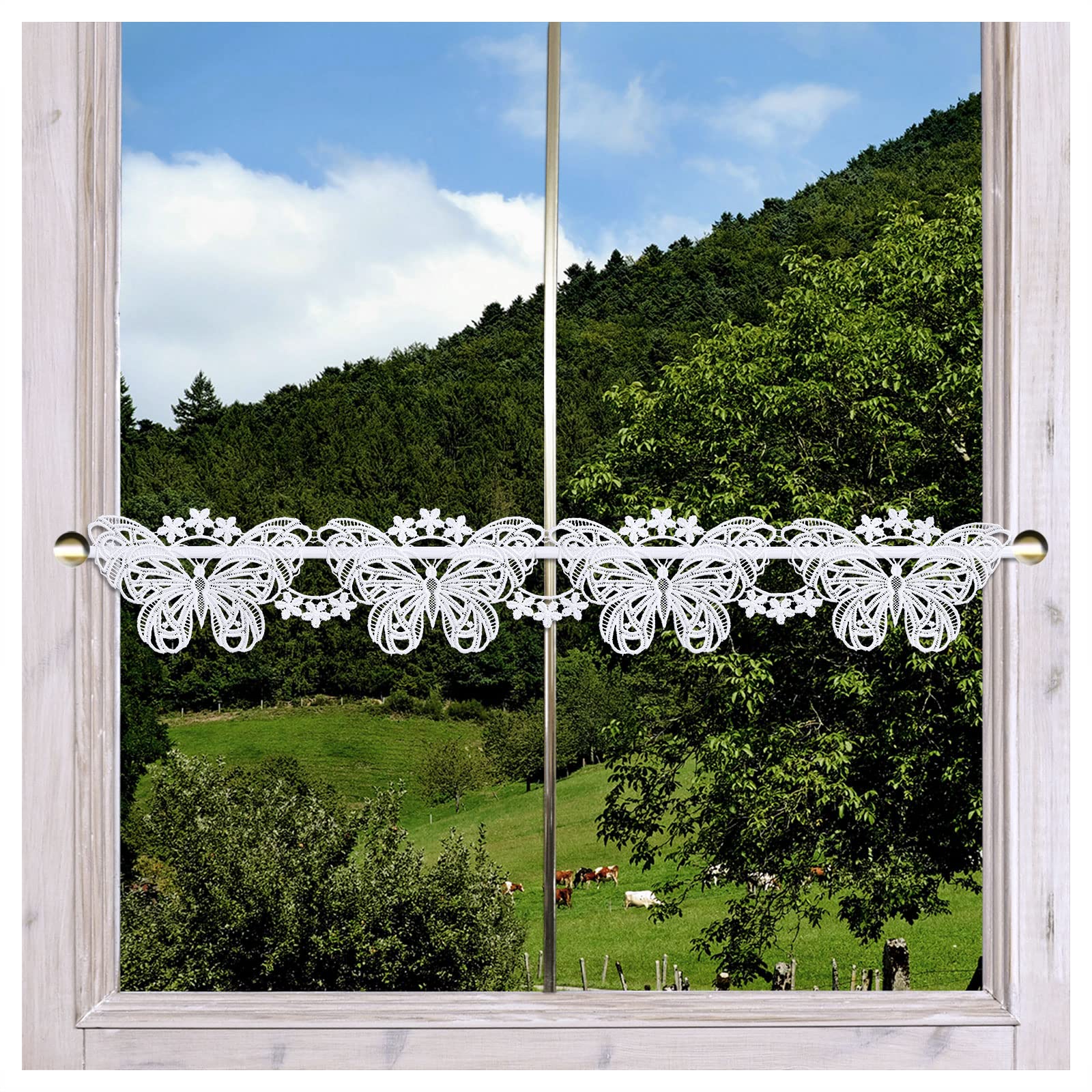 Feenhaus-Spitzengardine mit Schmetterlings-Muster und zarten Blumenranken Vogtländische Spitze in weiß | moderne Mini-Scheibengardine mit Sommermotiv aus feiner Spitzenstickerei HxB 12 x 95 cm