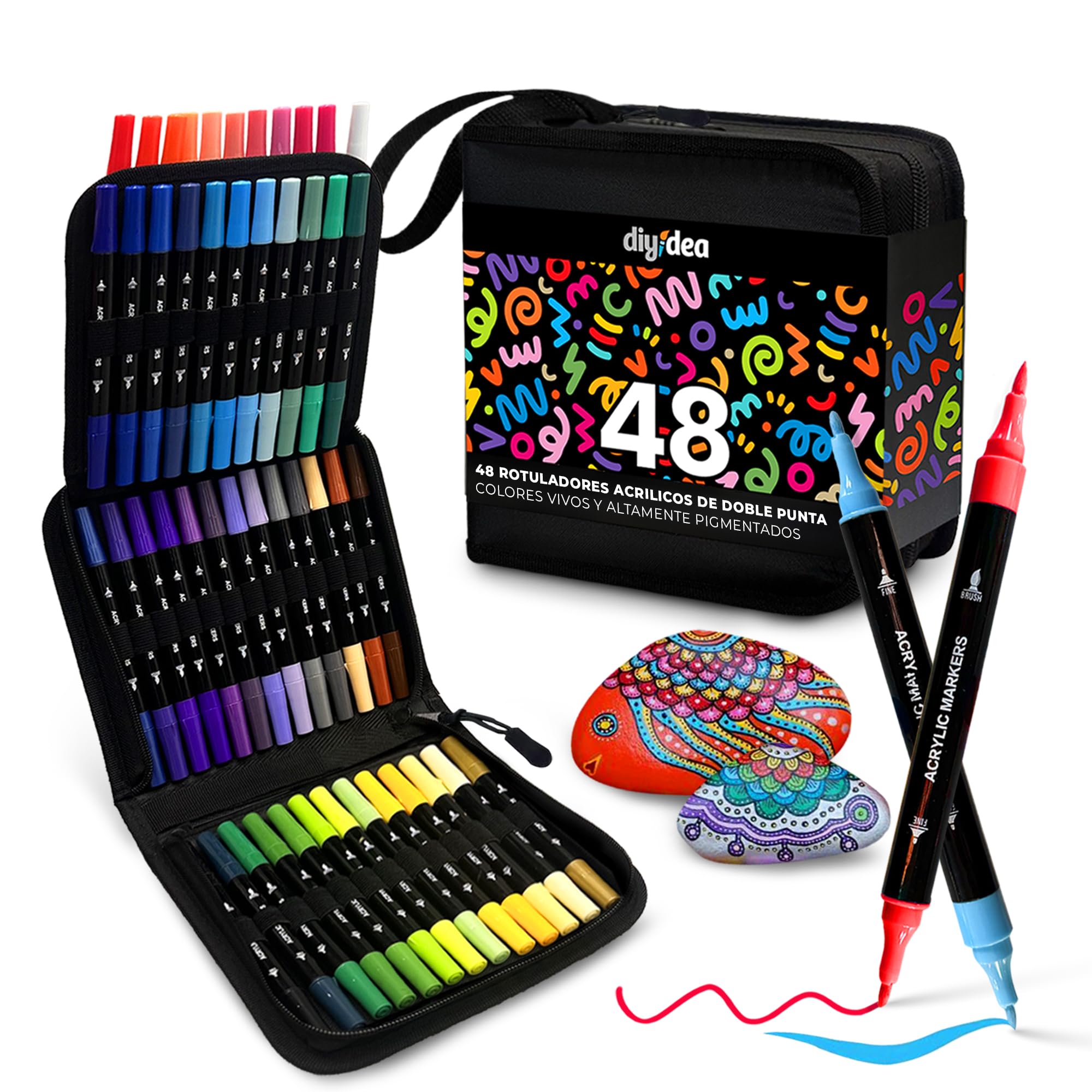 Acrylic Markers 48 Colours Dual Tip (Brush & Fine Tip 1mm) with Case - Water Based, Quick-Drying, Non-Toxic - For Wood, Glass, Ceramic, Stone