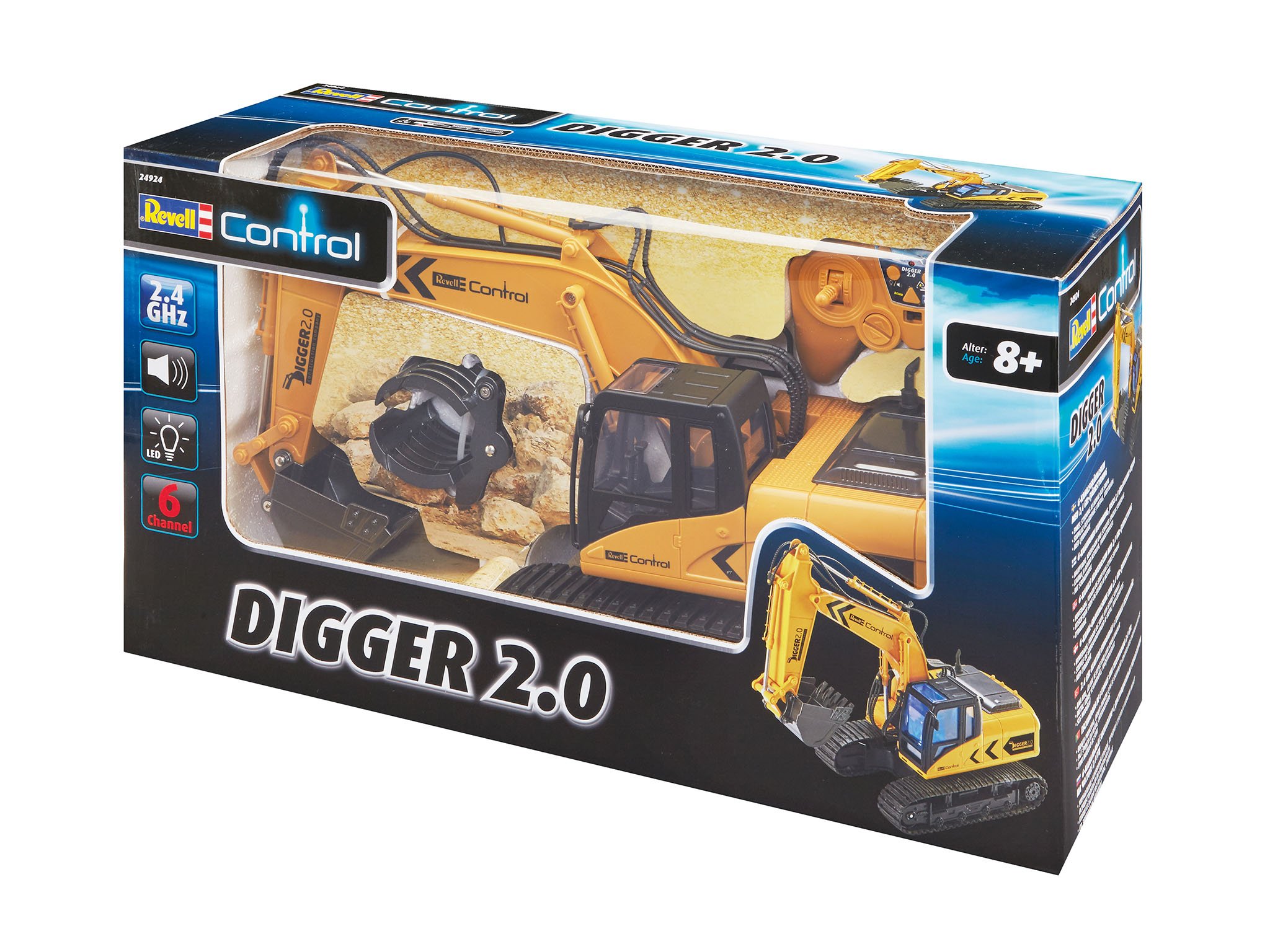 Revell Control 24924 RC koparka gąsienicowa Digger 2.0, napęd łańcuchowy, wymienna szufla i chwytak do drzew, nadaje się do użytku na zewnątrz, zdalnie sterowana koparka z akumulatorem, 2,4 GHz, żółta