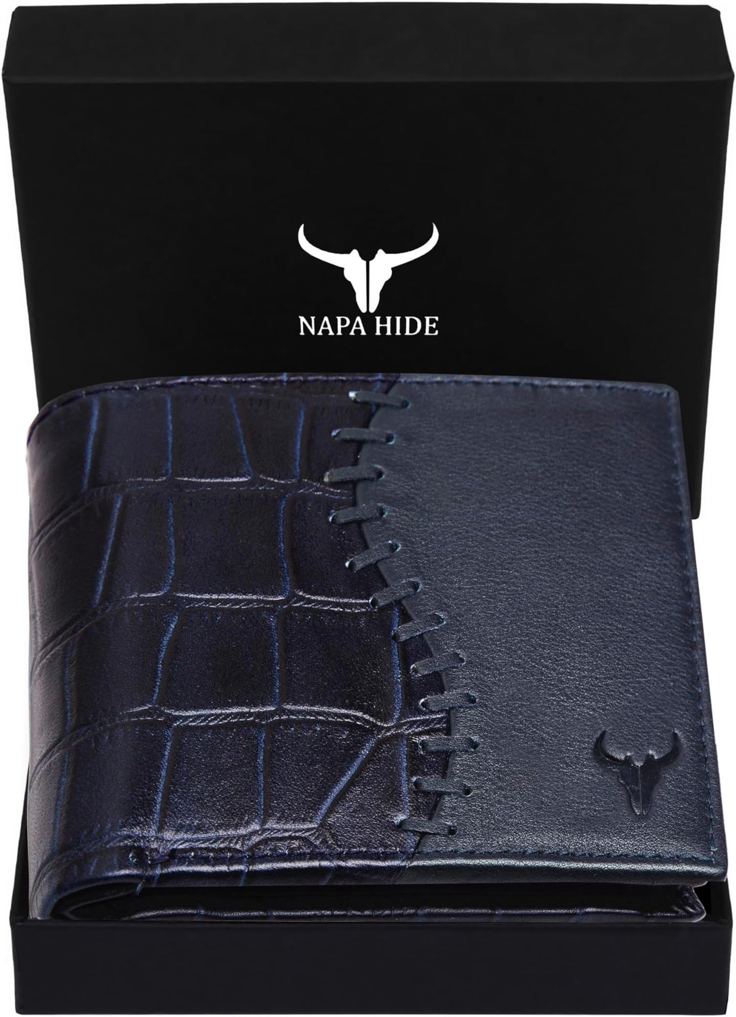 Blue Leather Wallet for Men I 4 Card Slots I 2 Currency Compartments I 1 ID Window I 3 Secret Compartments I External Card Slot I 1 Coin Pocket