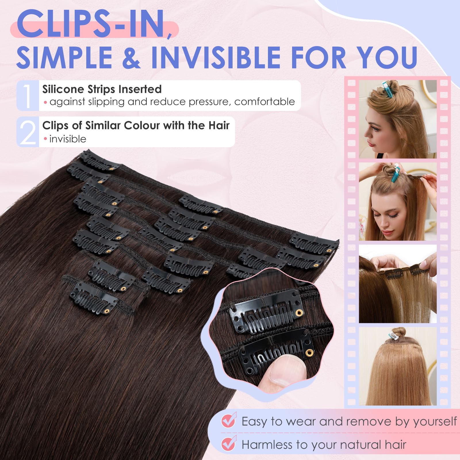 Elailite 10 Inch Clip in Hair Extensions Real Human Hair #2 Dark Brown Remy Natural Hair 8 Pieces Standard Weft Full Head Straight 75 Gram - Image 3